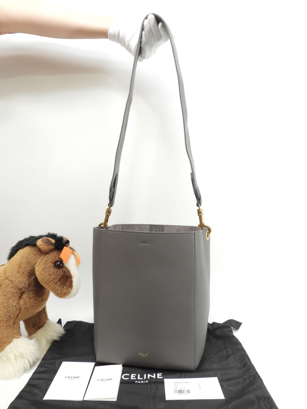 Celine Sangle Bucket Small in pelle grigia, borsa a spalla, mai usata @U-AN-5201