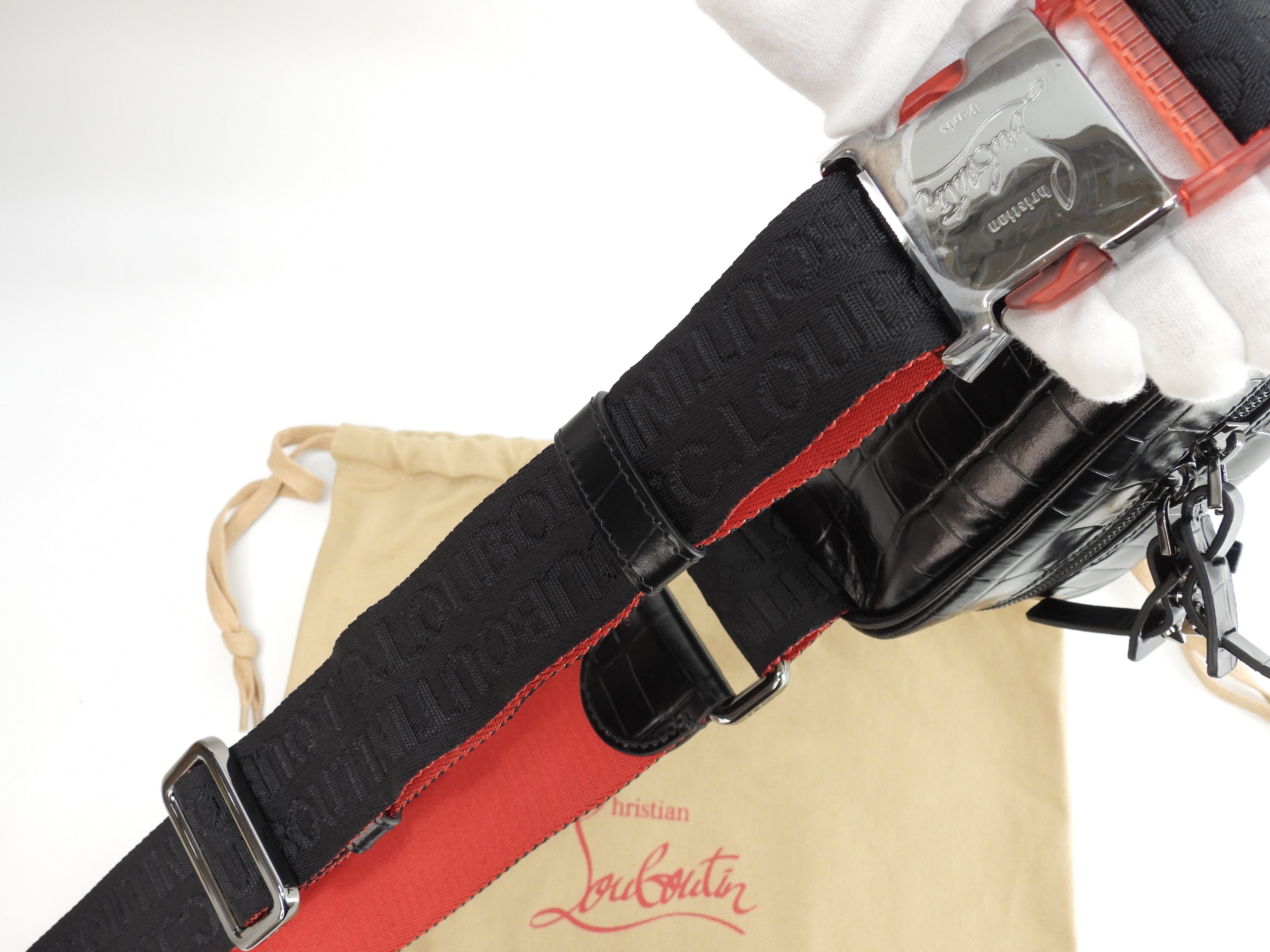 Christian Louboutin marsupio piccolo Blaster in pelle nera stampata coccodrillo, marsupio, mai usato @ 9