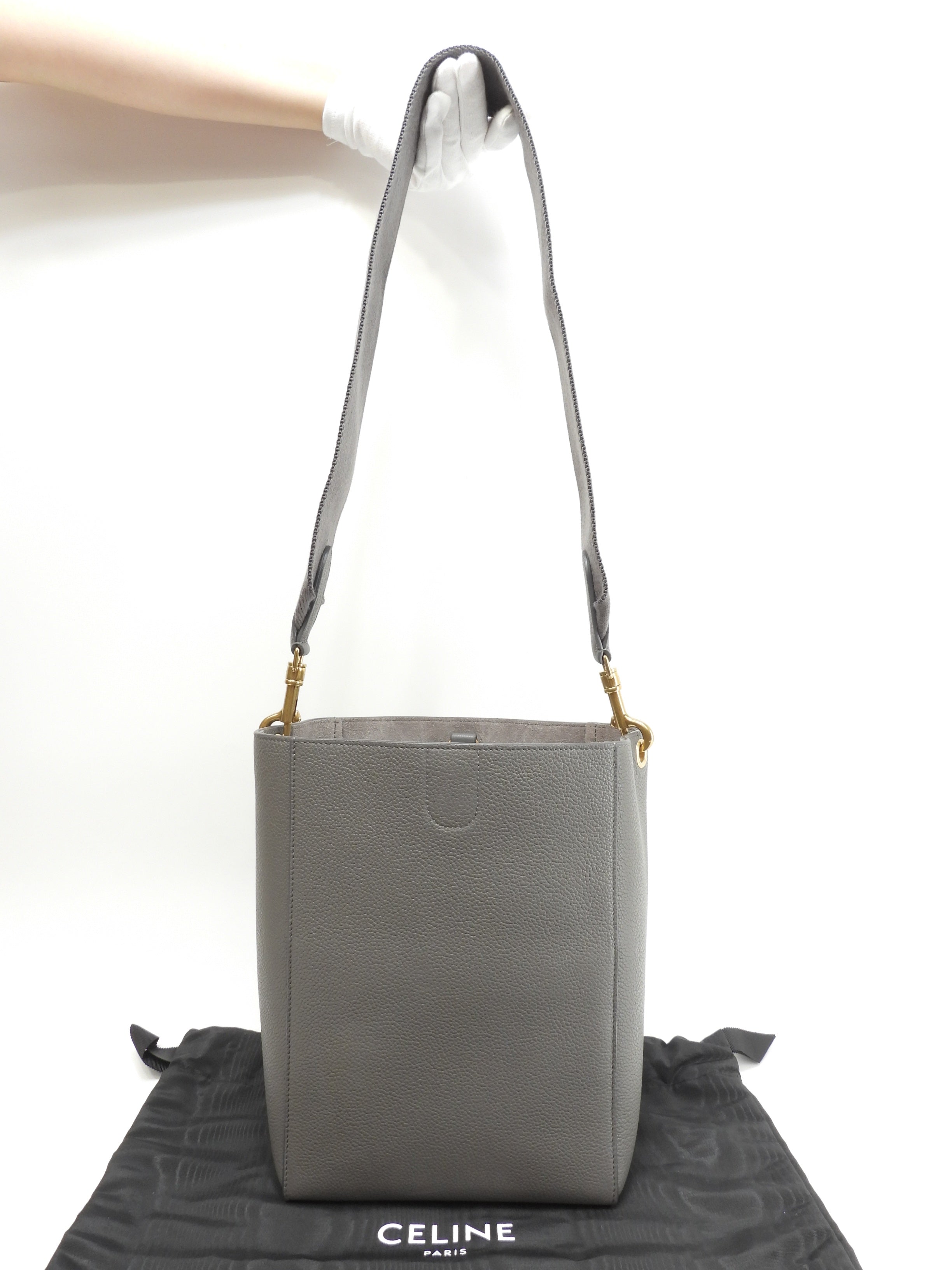 Celine Sangle Bucket Small in pelle grigia, borsa a spalla, mai usata @U-AN-5201