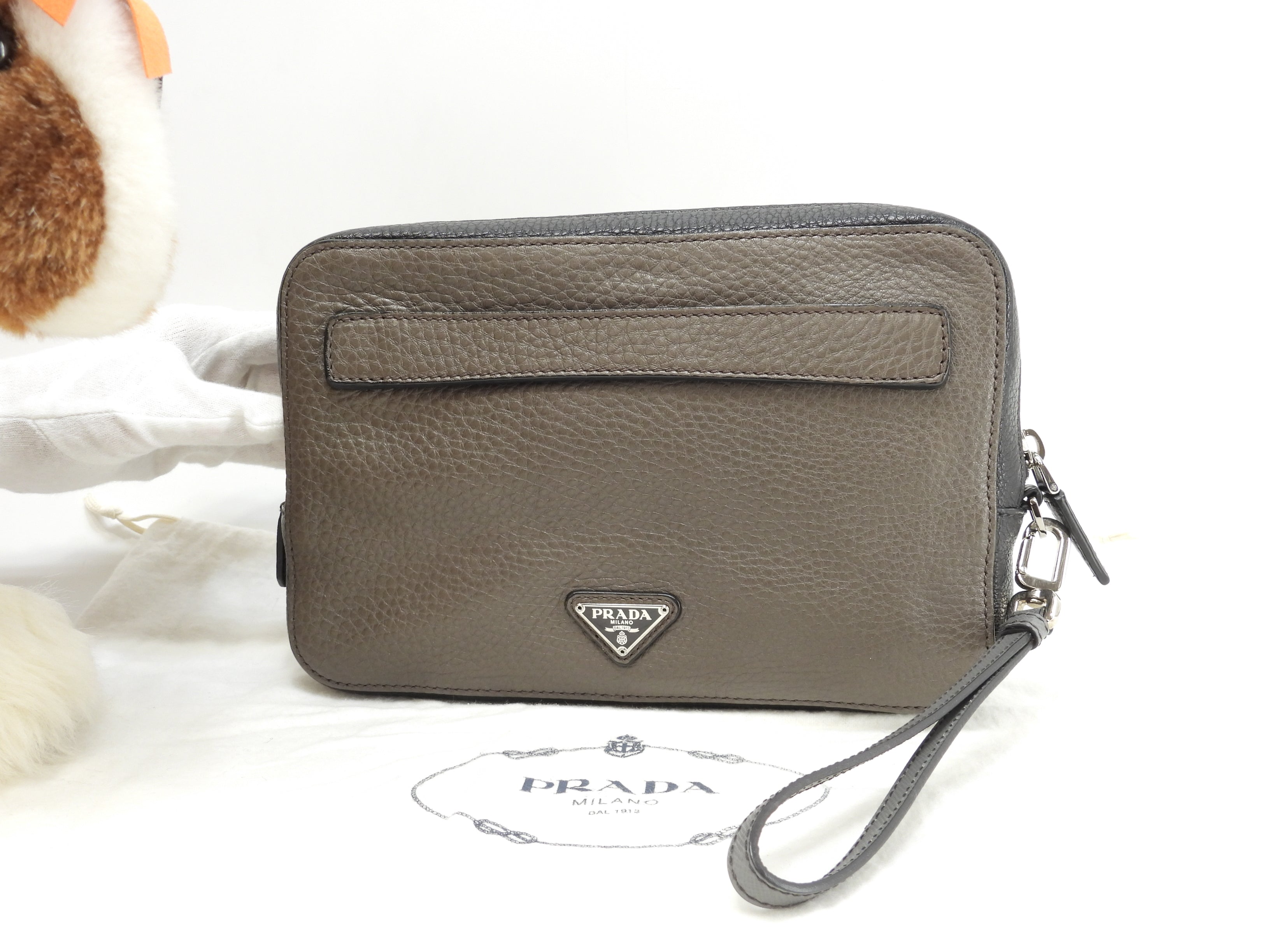 Prada borsetta uomo in pelle grigio/nero, portafoglio a pochette, clutch, ottime condizioni @31/F
