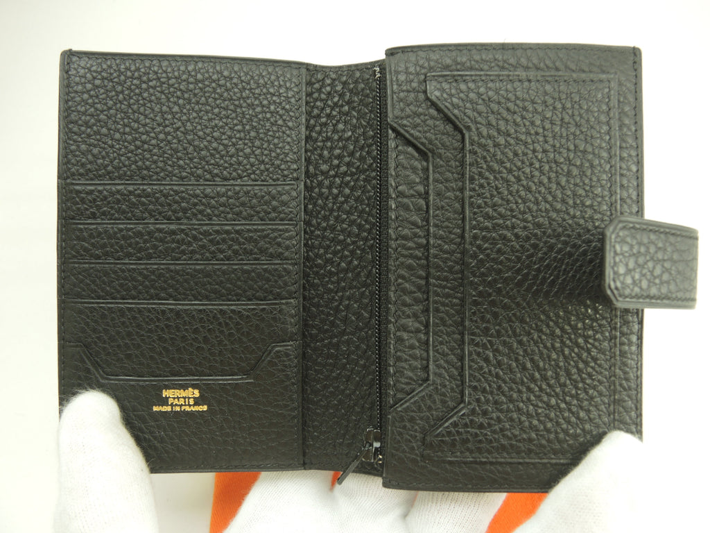Hermès Jige Togo Nero Portafoglio Compatto Bifold Raro Eccellenti Condizioni @□D 7