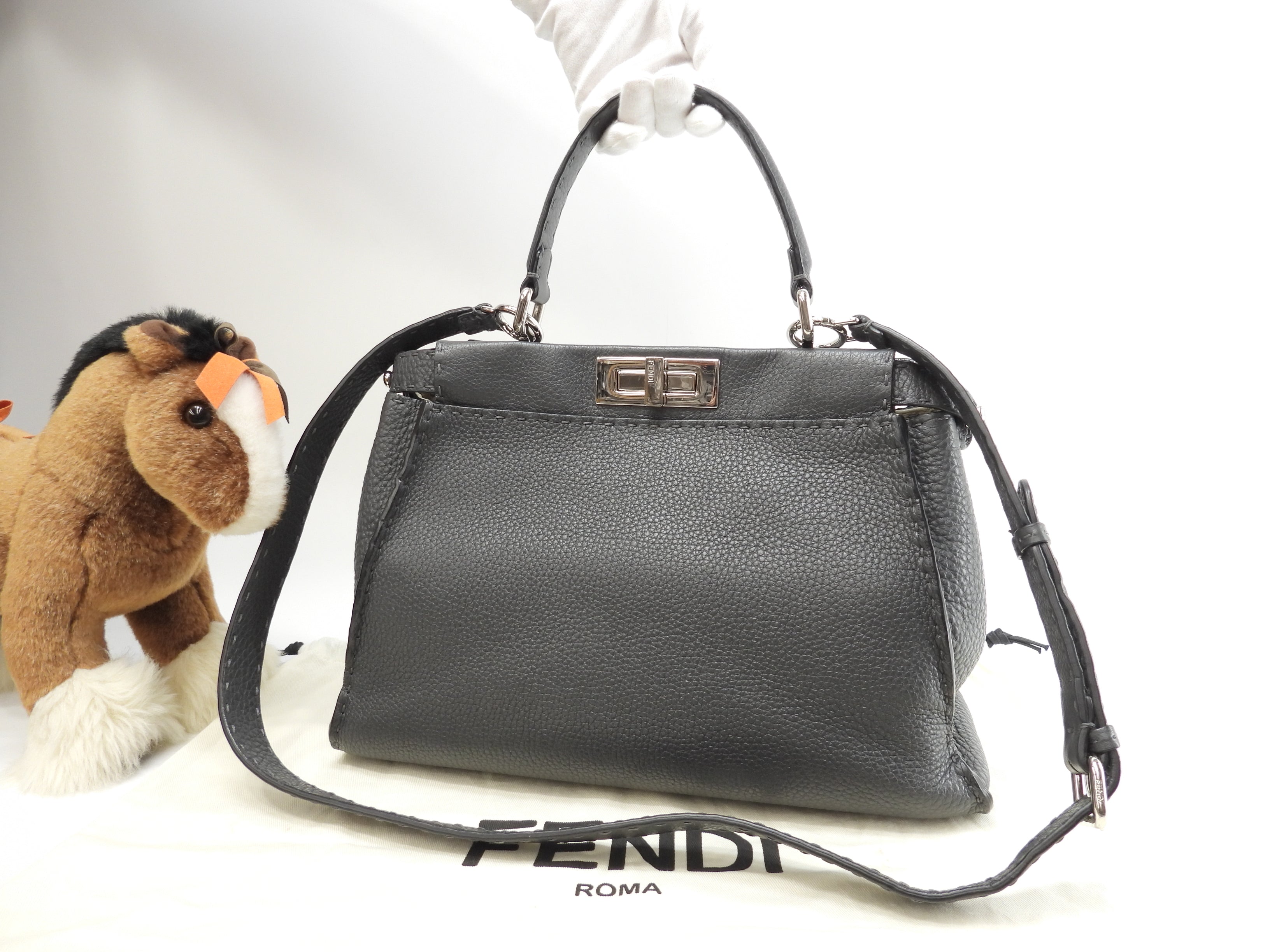 Fendi Peekaboo Regular in pelle Selleria grigia, borsa a mano con tracolla, condizioni eccellenti@ 17