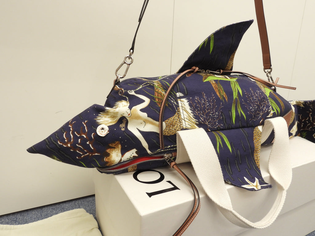 Loewe Shark Bag Paula's Ibiza cotone pelle blu borsa a tracolla con tracolla edizione limitata nuova di zecca @ 1