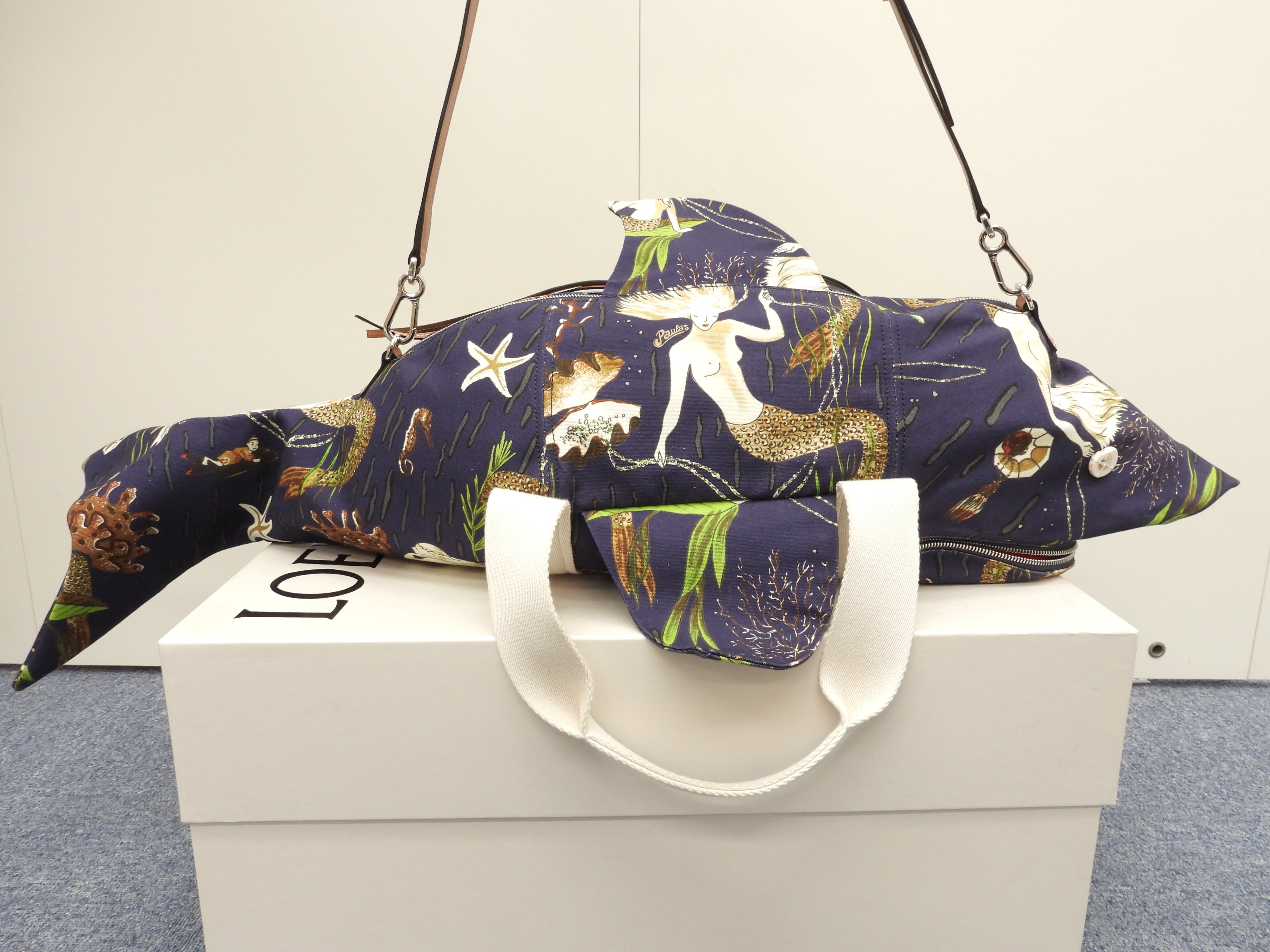 Loewe Shark Bag Paula's Ibiza cotone pelle blu borsa a tracolla con tracolla edizione limitata nuova di zecca @ 1