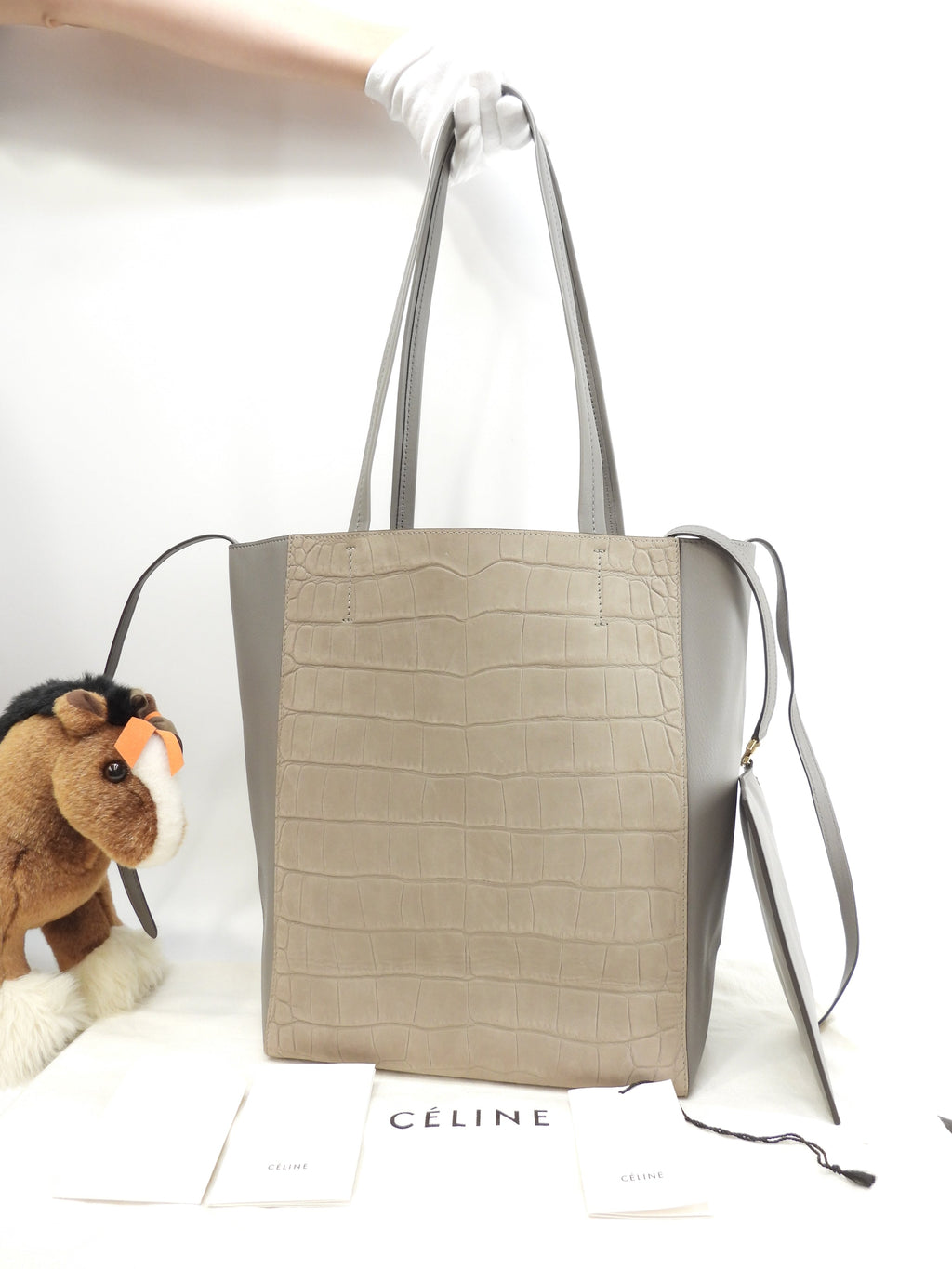 Celine Cabas Phantom Small borsa tote a tracolla in pelle goffrata coccodrillo grigia @F-PA-0162