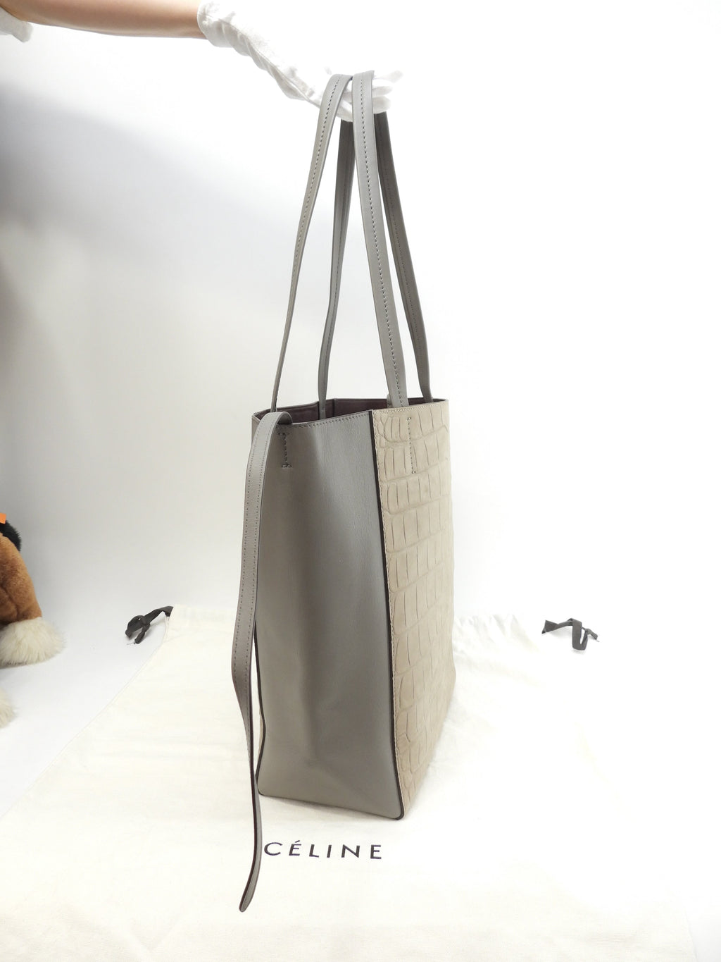 Celine Cabas Phantom Small borsa tote a tracolla in pelle goffrata coccodrillo grigia @F-PA-0162