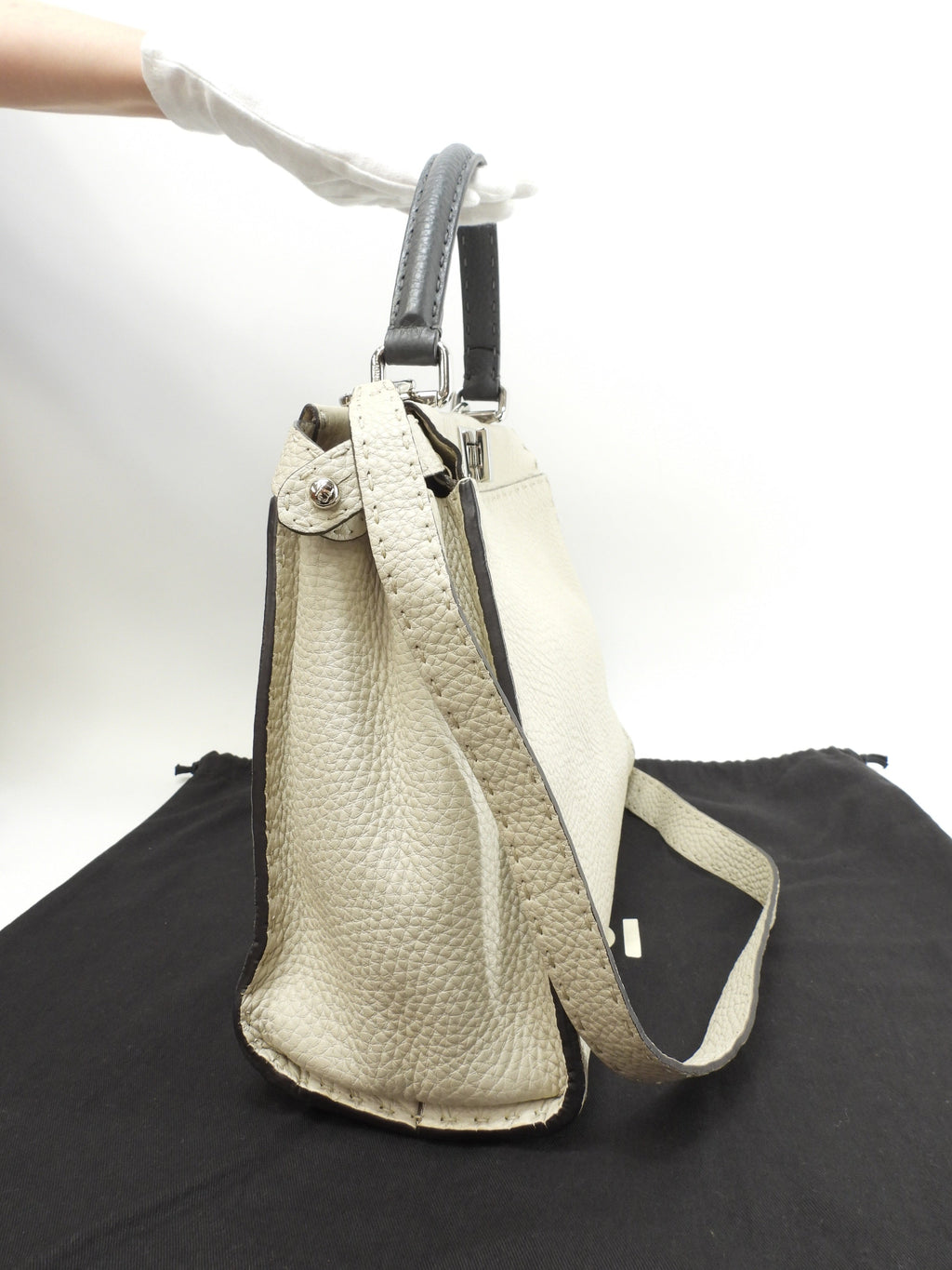 Fendi Peekaboo Regular in pelle Selleria bianco-grigio, borsa a mano con tracolla, ottime condizioni @ 23