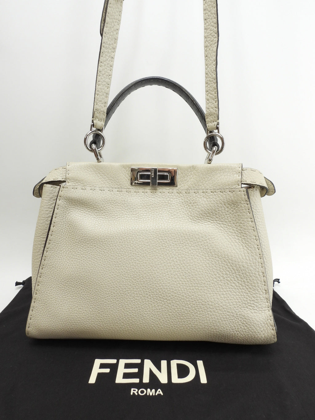 Fendi Peekaboo Regular in pelle Selleria bianco-grigio, borsa a mano con tracolla, ottime condizioni @ 23