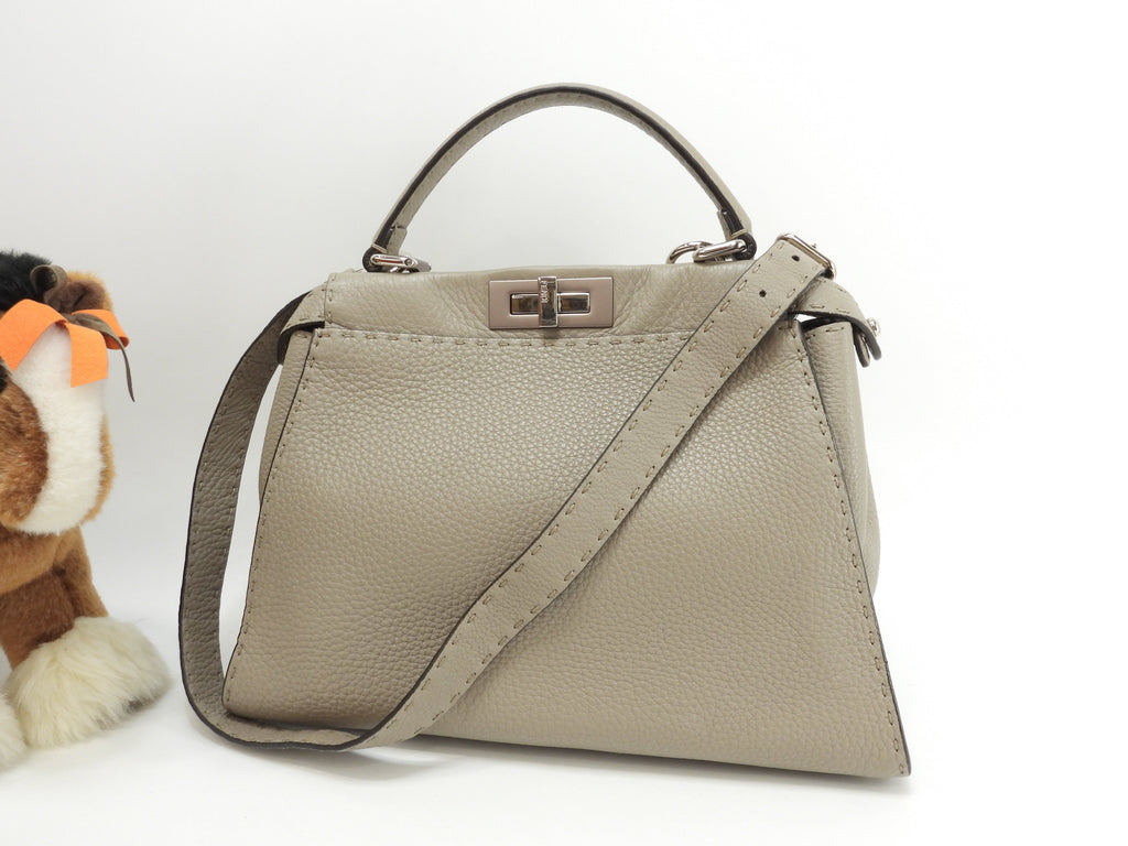 Fendi Peekaboo Regular in pelle Selleria grigia, borsa a mano con tracolla, condizioni eccellenti @ 22