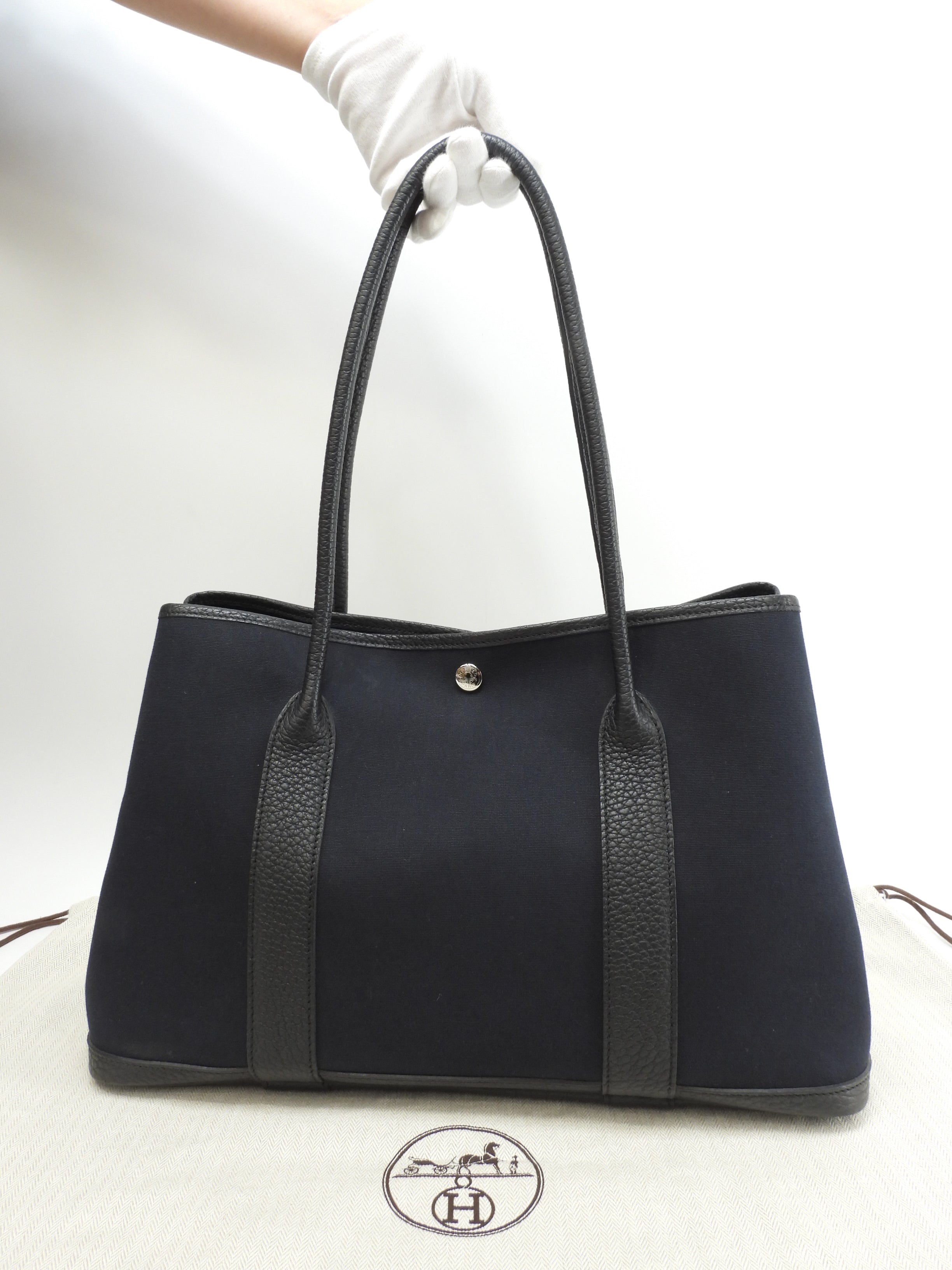 Hermès Garden Party PM tracolla lunga cotone pelle nera tote bag ottime condizioni@□P 3
