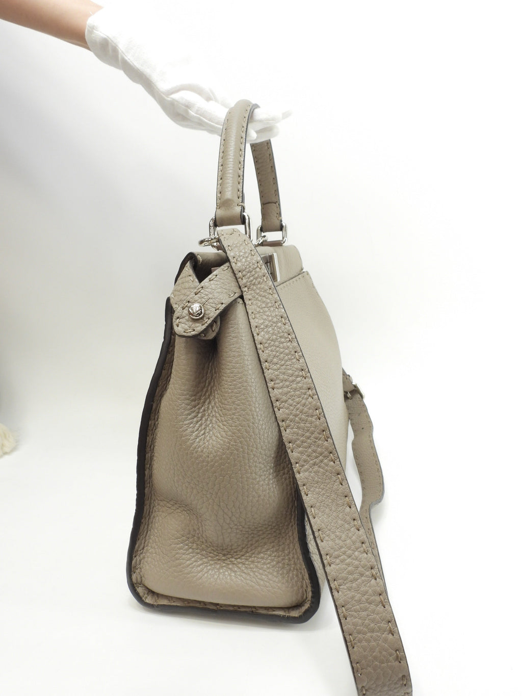 Fendi Peekaboo Regular in pelle Selleria grigia, borsa a mano con tracolla, condizioni eccellenti @ 22