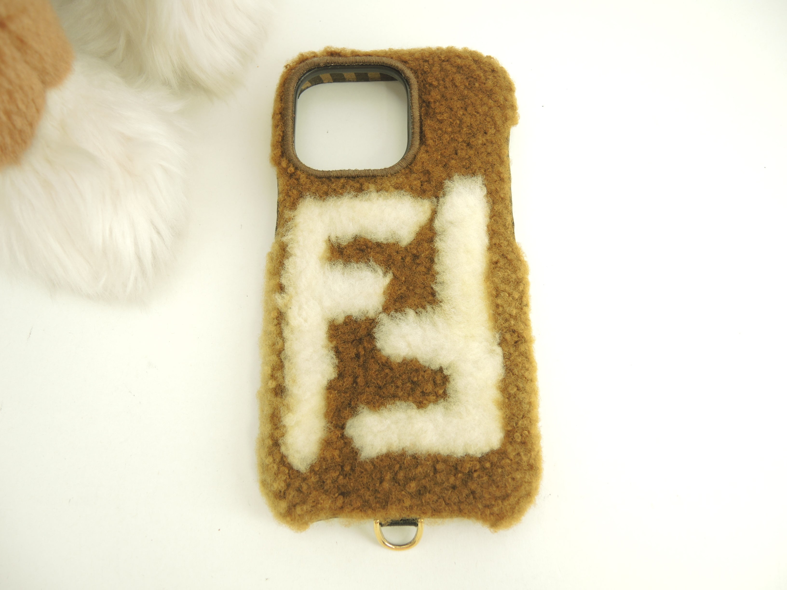 FENDI Custodia iPhone 14 Pro Pekan Montone Marrone Crema Cover Telefono @ 1