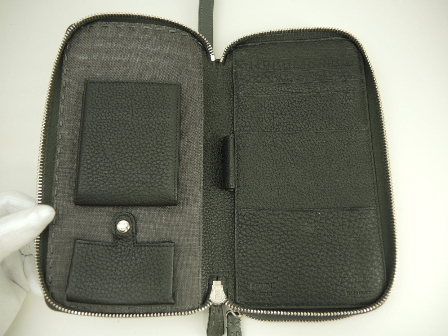 Fendi Clutch Wallet Pelle Selleria Grigio Portafoglio Lungo Doppia Zip @ 14