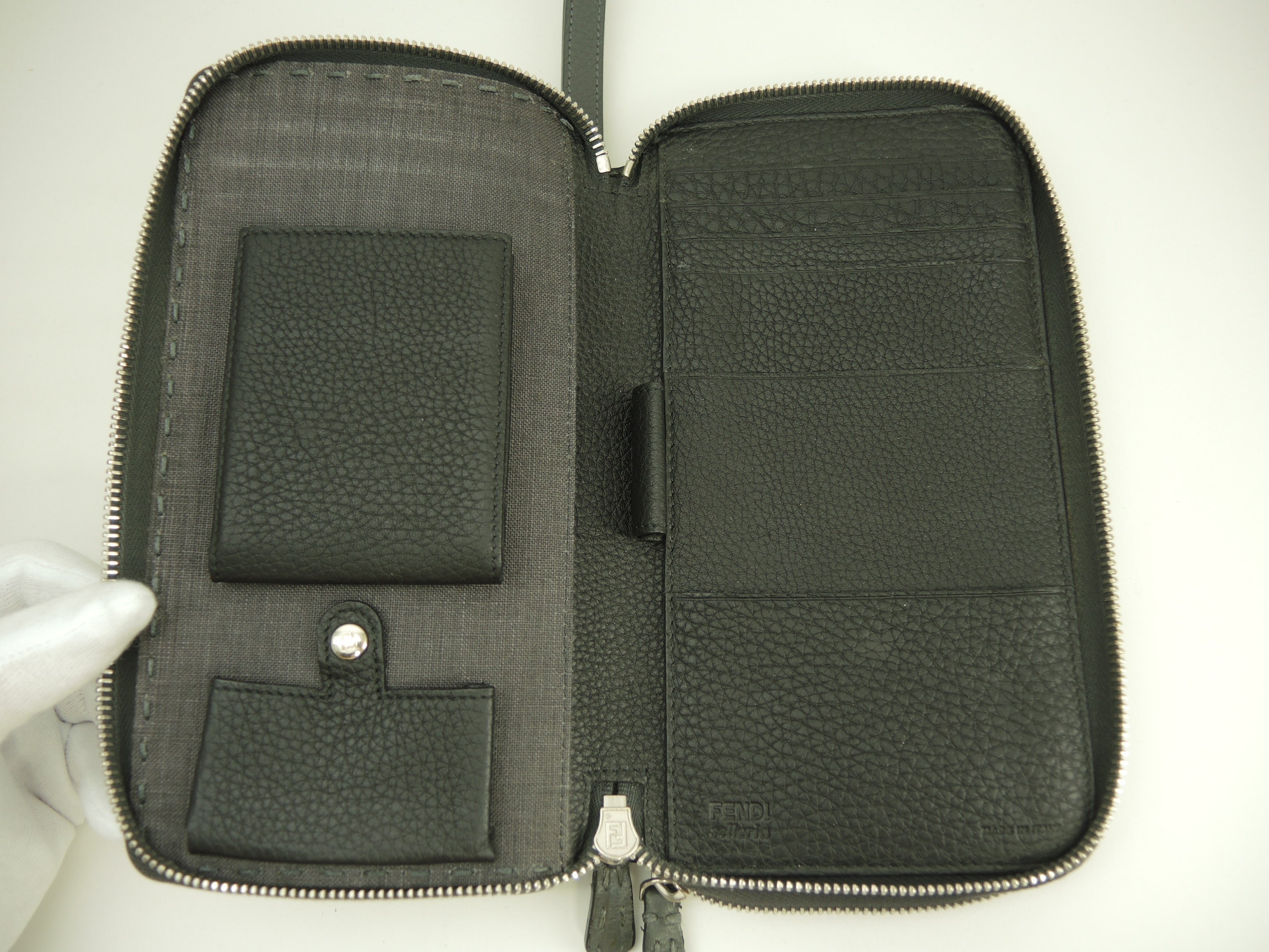 Fendi Clutch Wallet Pelle Selleria Grigio Portafoglio Lungo Doppia Zip @ 14