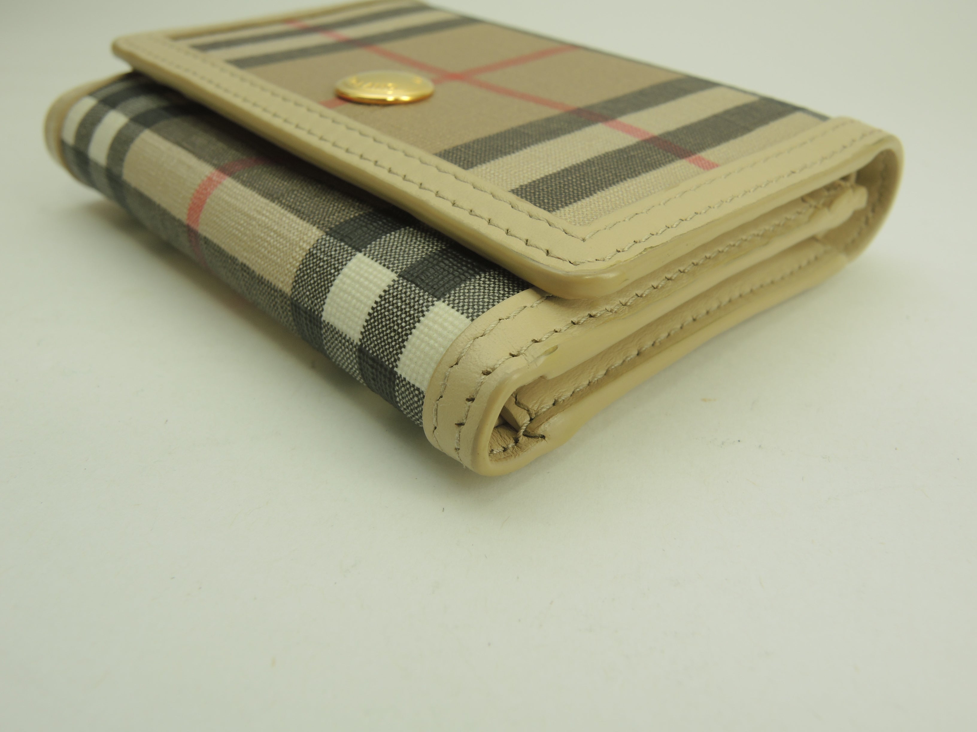 Burberry portafoglio compatto a tre ante in PVC/pelle con motivo check, portafoglio piccolo, come nuovo@POPELFI071SEB