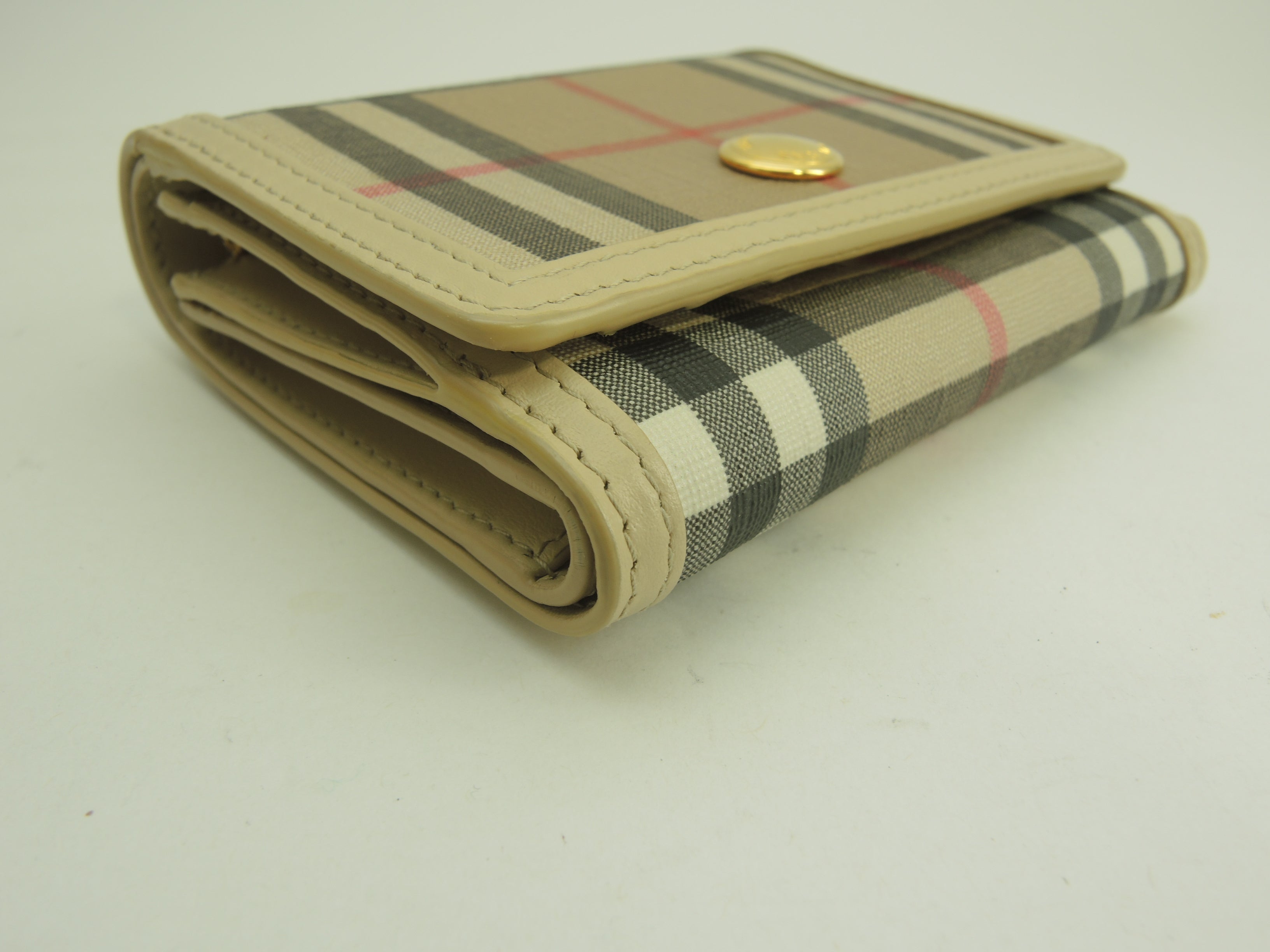 Burberry portafoglio compatto a tre ante in PVC/pelle con motivo check, portafoglio piccolo, come nuovo@POPELFI071SEB