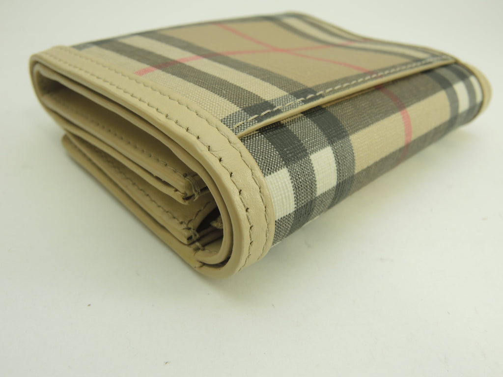 Burberry portafoglio compatto a tre ante in PVC/pelle con motivo check, portafoglio piccolo, come nuovo@POPELFI071SEB