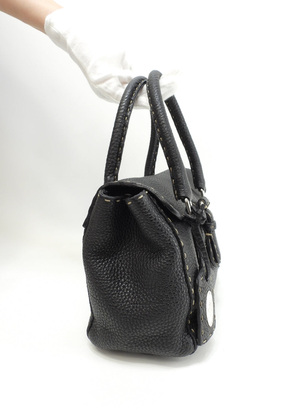 Fendi Mini Linda in pelle Selleria nera, hardware argento, borsa a mano piccola, pari al nuovo @ 24