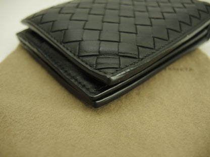 Bottega Veneta, portafoglio a due ante, pelle nera intrecciata, portafoglio compatto @B02598050U