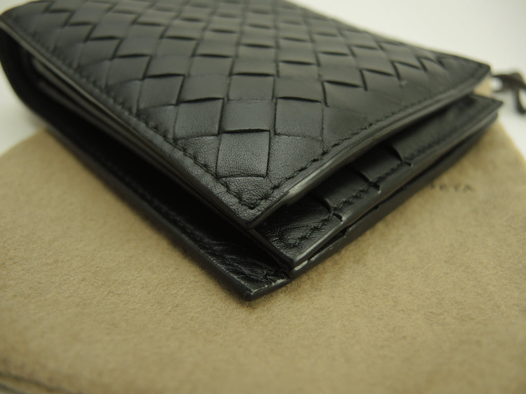 Bottega Veneta, portafoglio a due ante, pelle nera intrecciata, portafoglio compatto @B02598050U