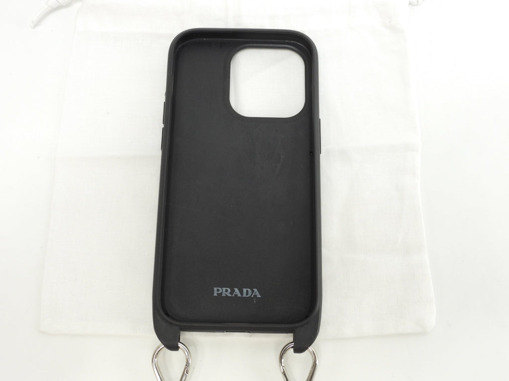 プラダ ストラップ付iphone14Proケース サフィアーノ黒黒 三角プレート アイフォンカバー@ 1