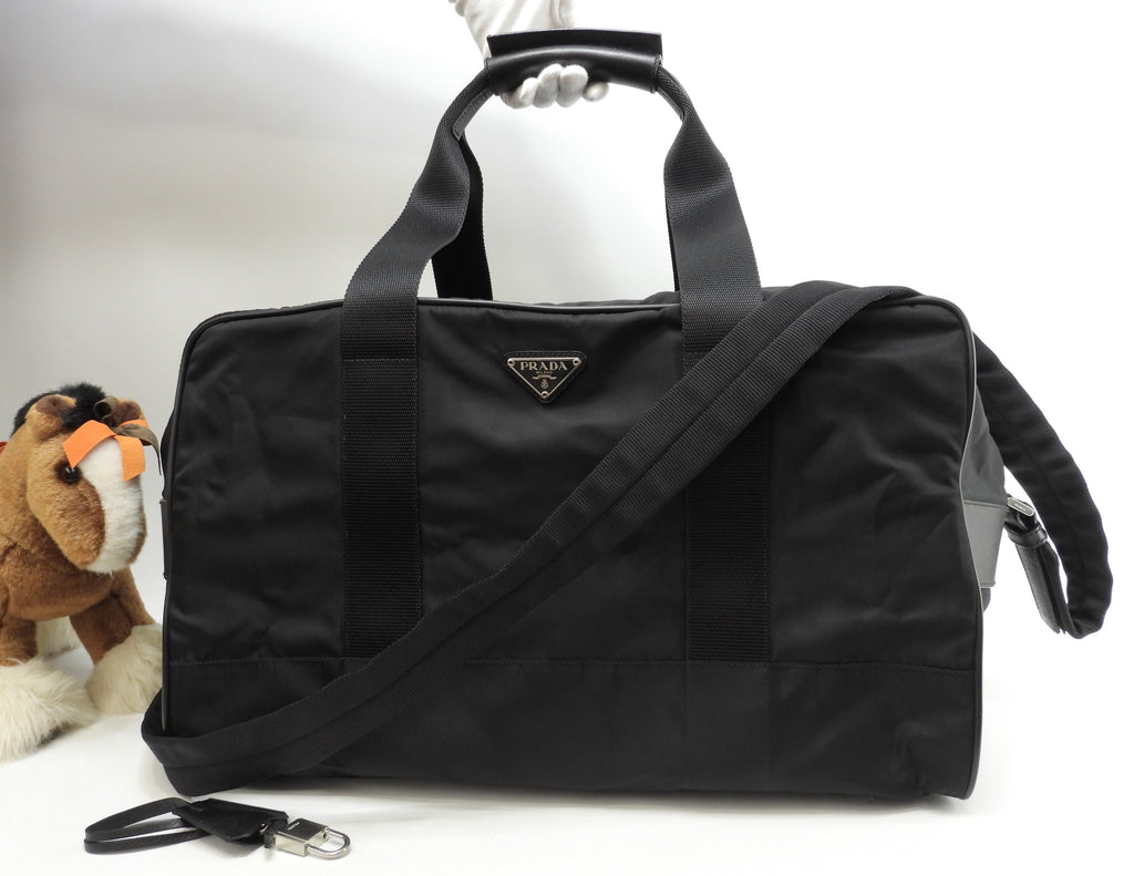 プラダ s付ボストンバッグ 三角プレート ナイロン/サフィアーノ黒 トラベルバッグ 旅行用 美品@7 2