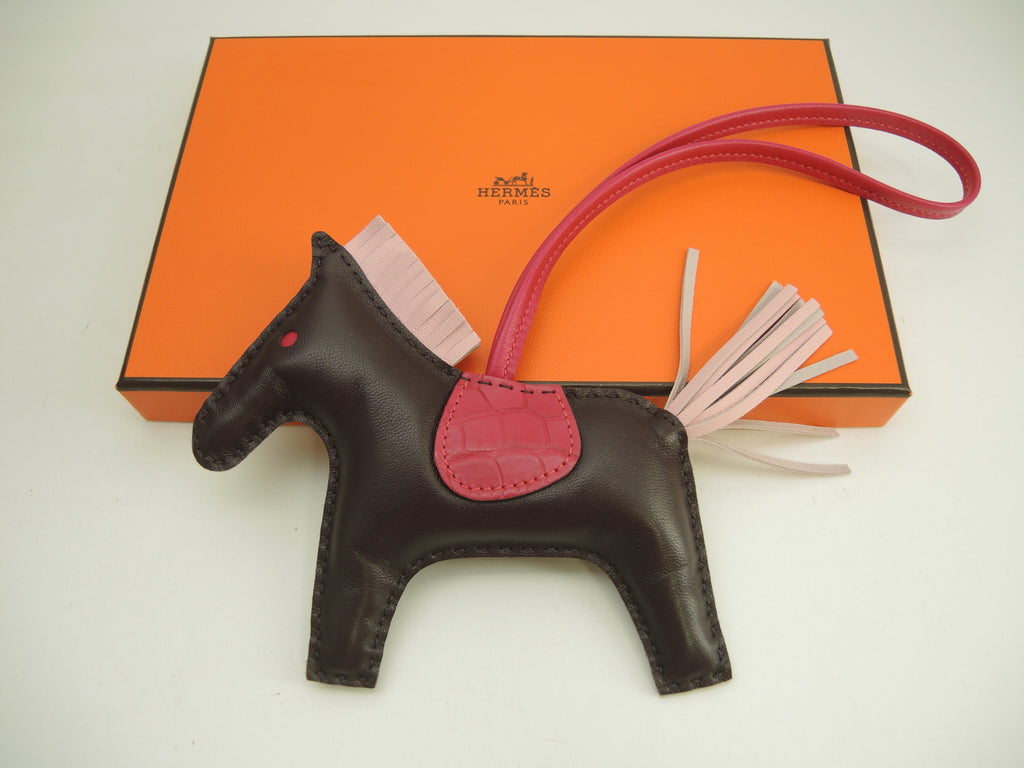 Hermès Rodeo MM Agneau Milo/Alligatore Rosa marrone scuro Portachiavi borsa Nuovo@Z