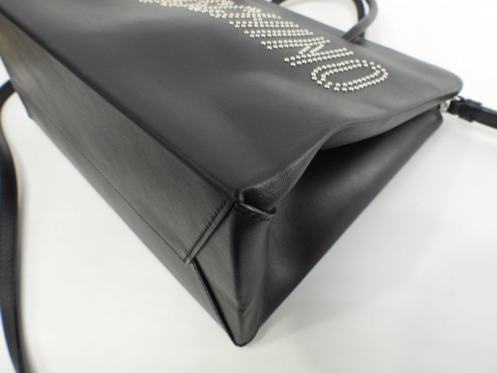 Moschino borsa shopper piccola in pelle nera con logo borchiato e tracolla, tote, @1