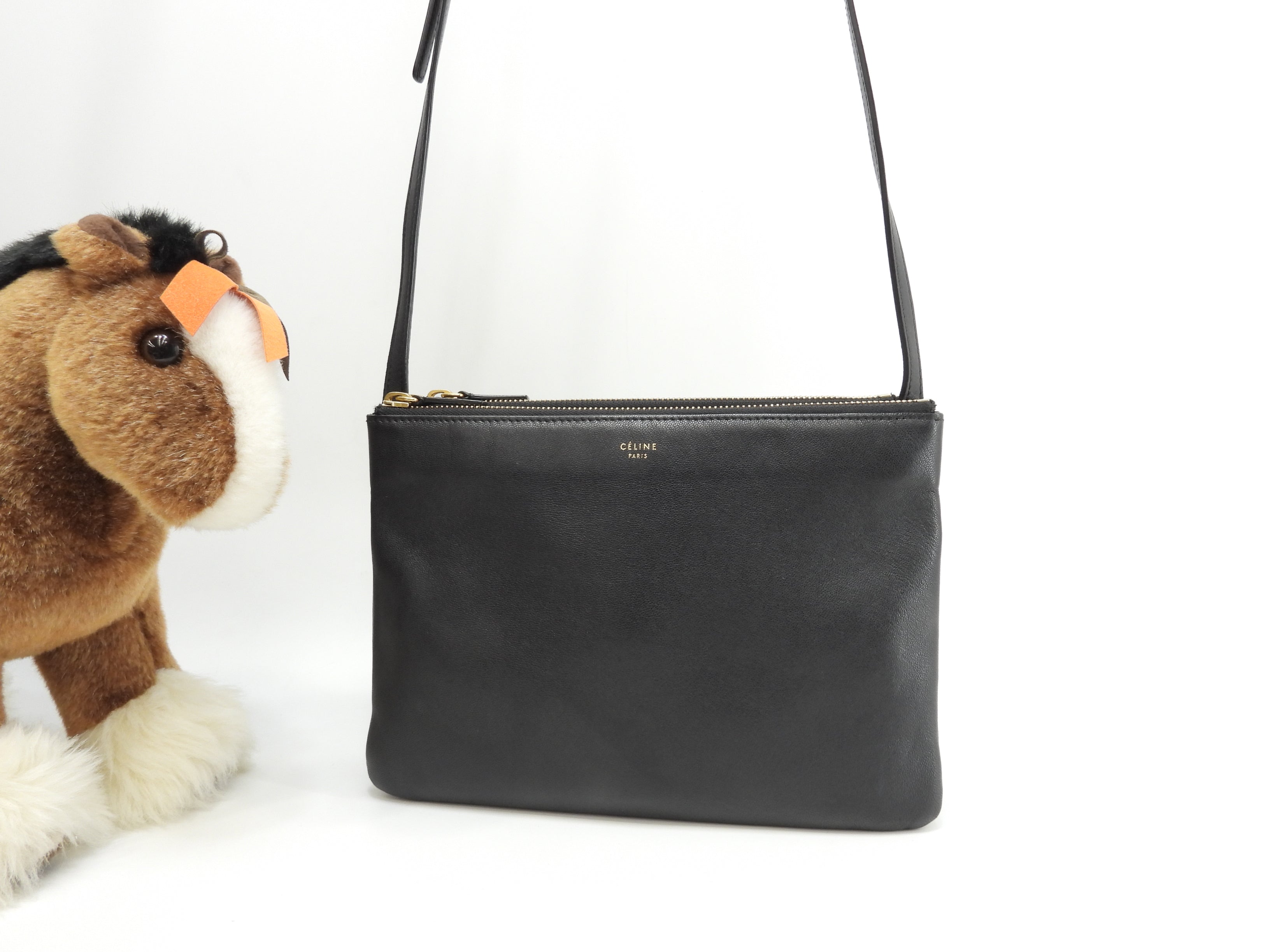 Celine Trio Large pelle liscia nera, borsa a tracolla, pochette, ottime condizioni @ 2