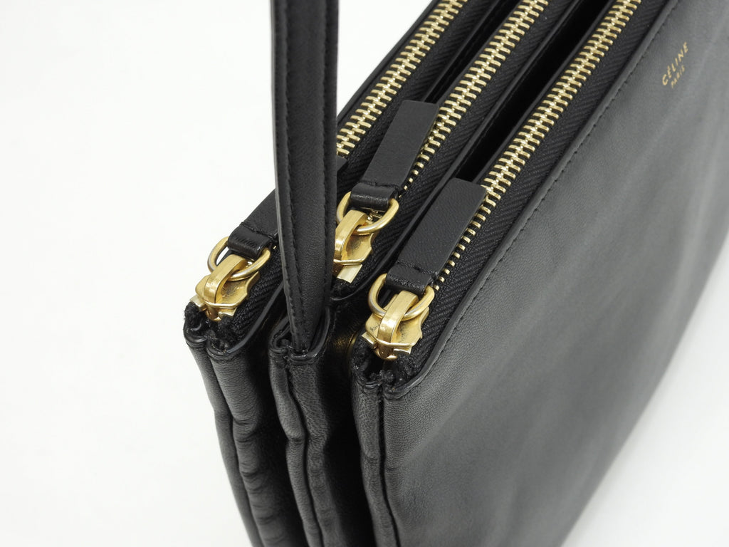 Celine Trio Large pelle liscia nera, borsa a tracolla, pochette, ottime condizioni @ 2