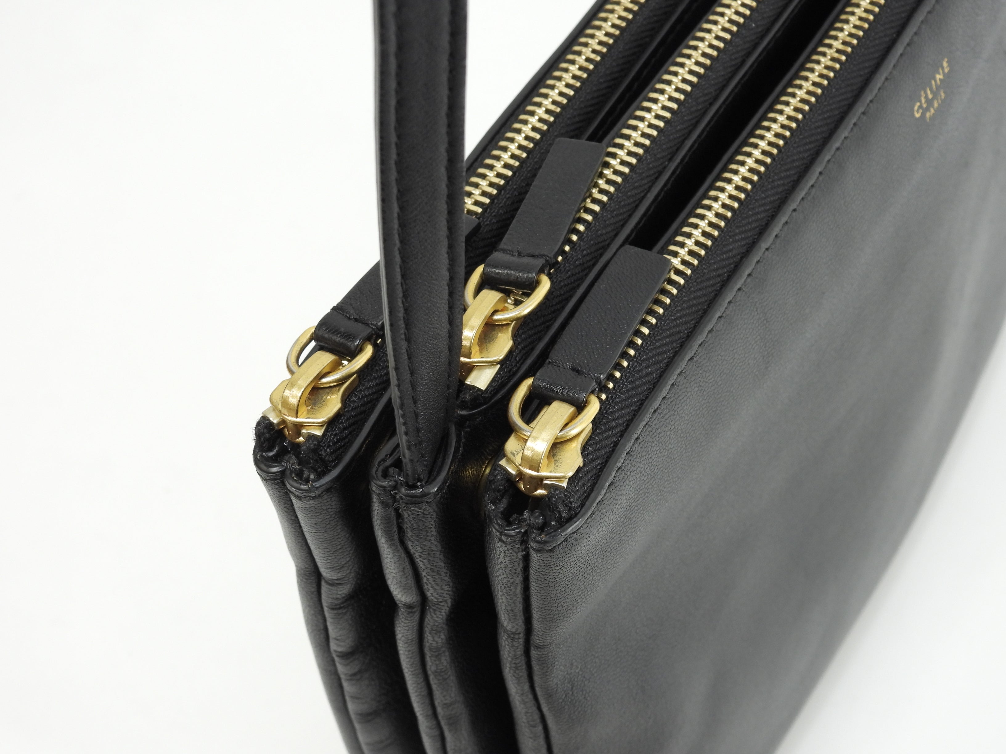 Celine Trio Large pelle liscia nera, borsa a tracolla, pochette, ottime condizioni @ 2