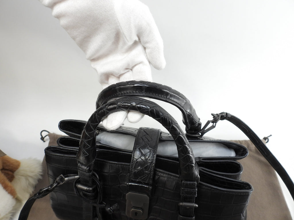 Bottega Veneta Small Roma Coccodrillo Opaco Nero borsa a mano con tracolla, condizioni eccellenti @B06188041W