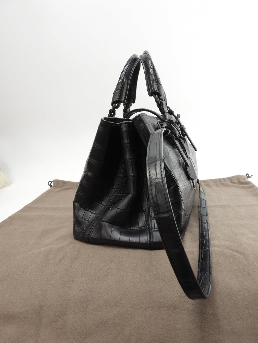 Bottega Veneta Small Roma Coccodrillo Opaco Nero borsa a mano con tracolla, condizioni eccellenti @B06188041W