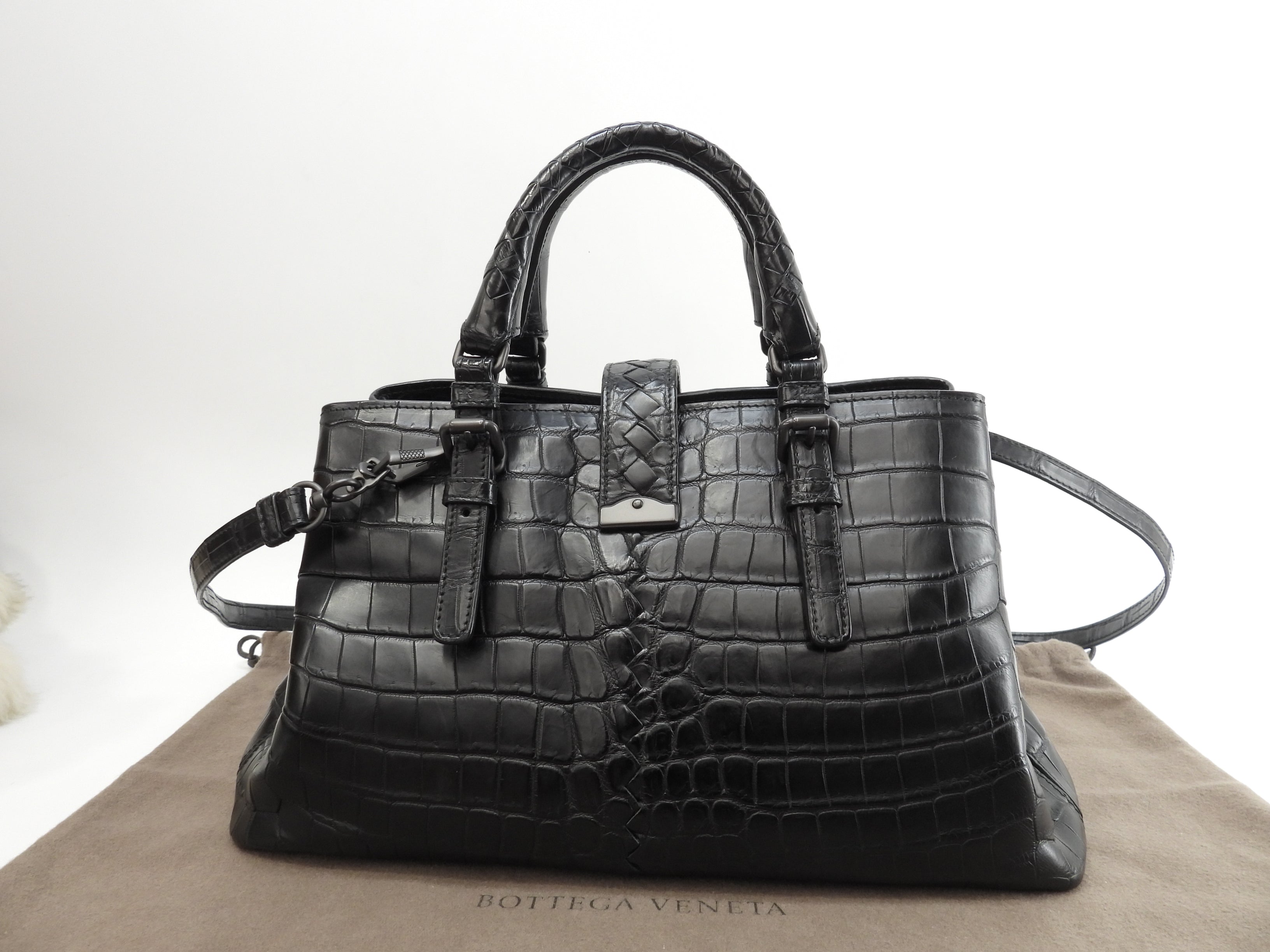 Bottega Veneta Small Roma Coccodrillo Opaco Nero borsa a mano con tracolla, condizioni eccellenti @B06188041W