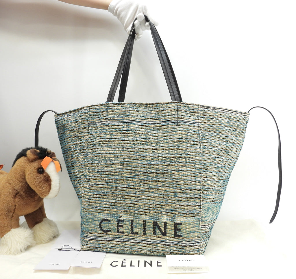Celine Cabas Phantom Medium Tweed Blu Giallo Bianco Nero Borsa a Spalla Shopping Bag Ottime Condizioni@W-CU-2197