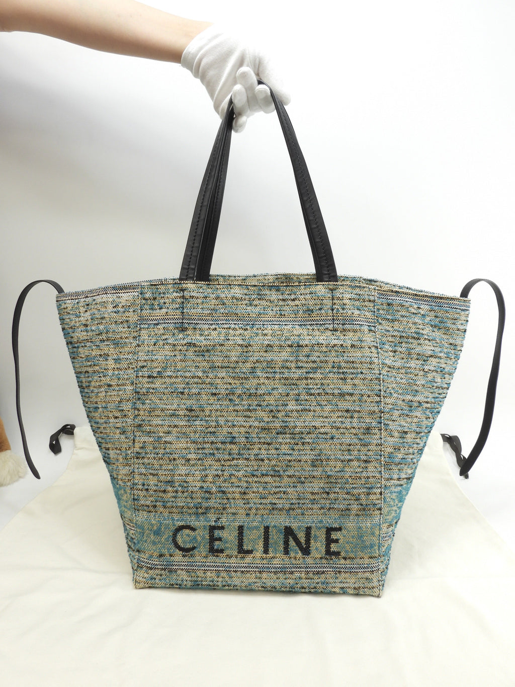 Celine Cabas Phantom Medium Tweed Blu Giallo Bianco Nero Borsa a Spalla Shopping Bag Ottime Condizioni@W-CU-2197