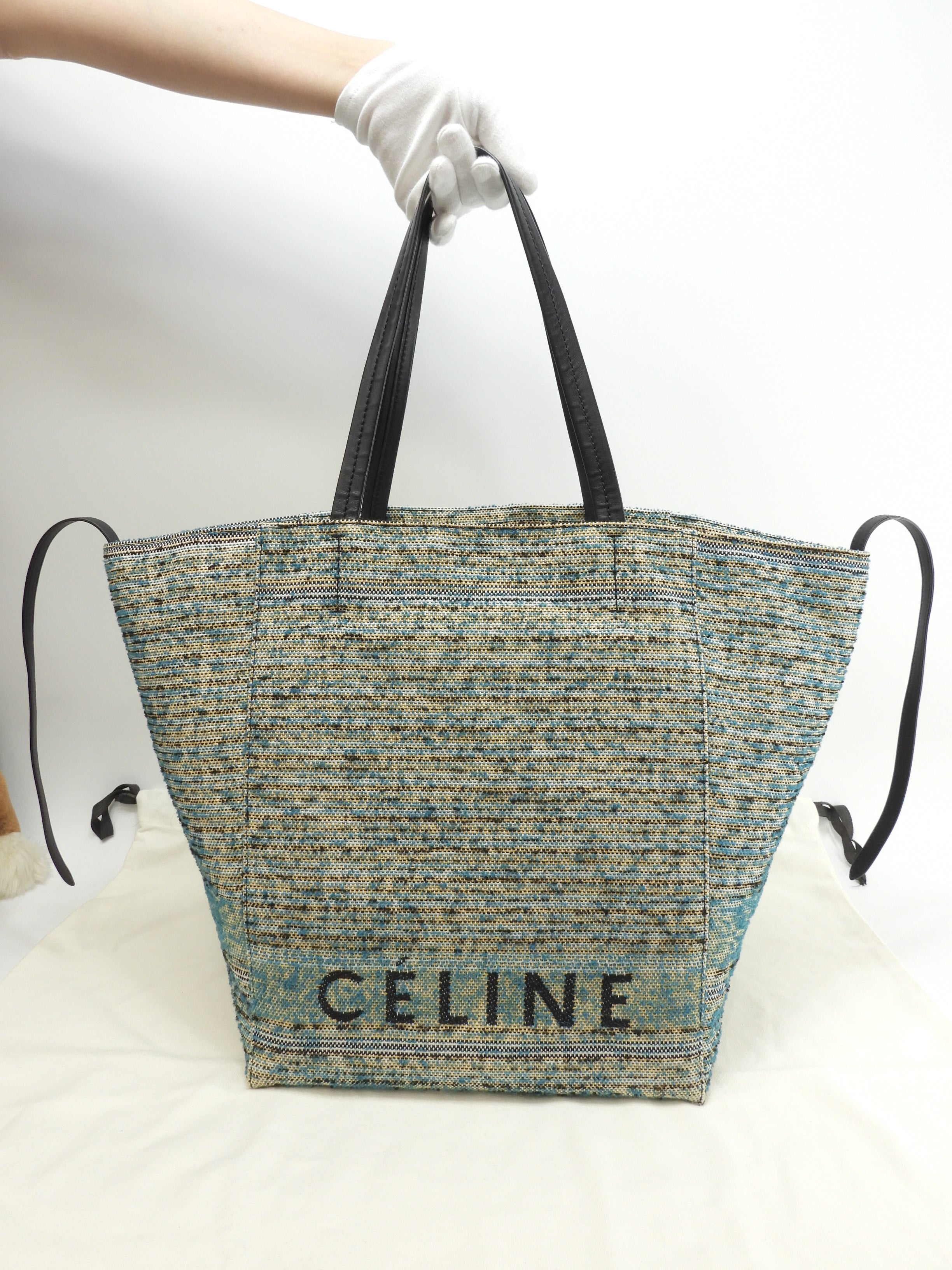 Celine Cabas Phantom Medium Tweed Blu Giallo Bianco Nero Borsa a Spalla Shopping Bag Ottime Condizioni@W-CU-2197