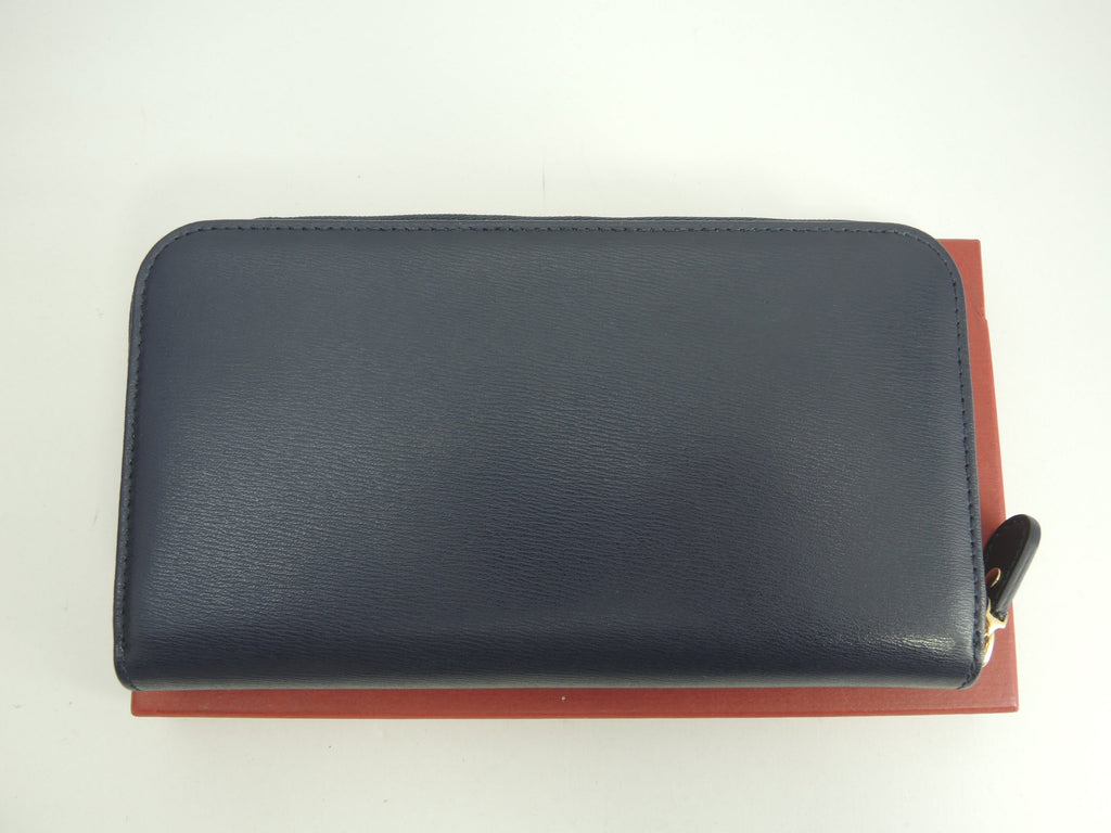 Salvatore Ferragamo Portafoglio lungo LOVE Gancini in pelle blu navy con cerniera, mai usato@ 1
