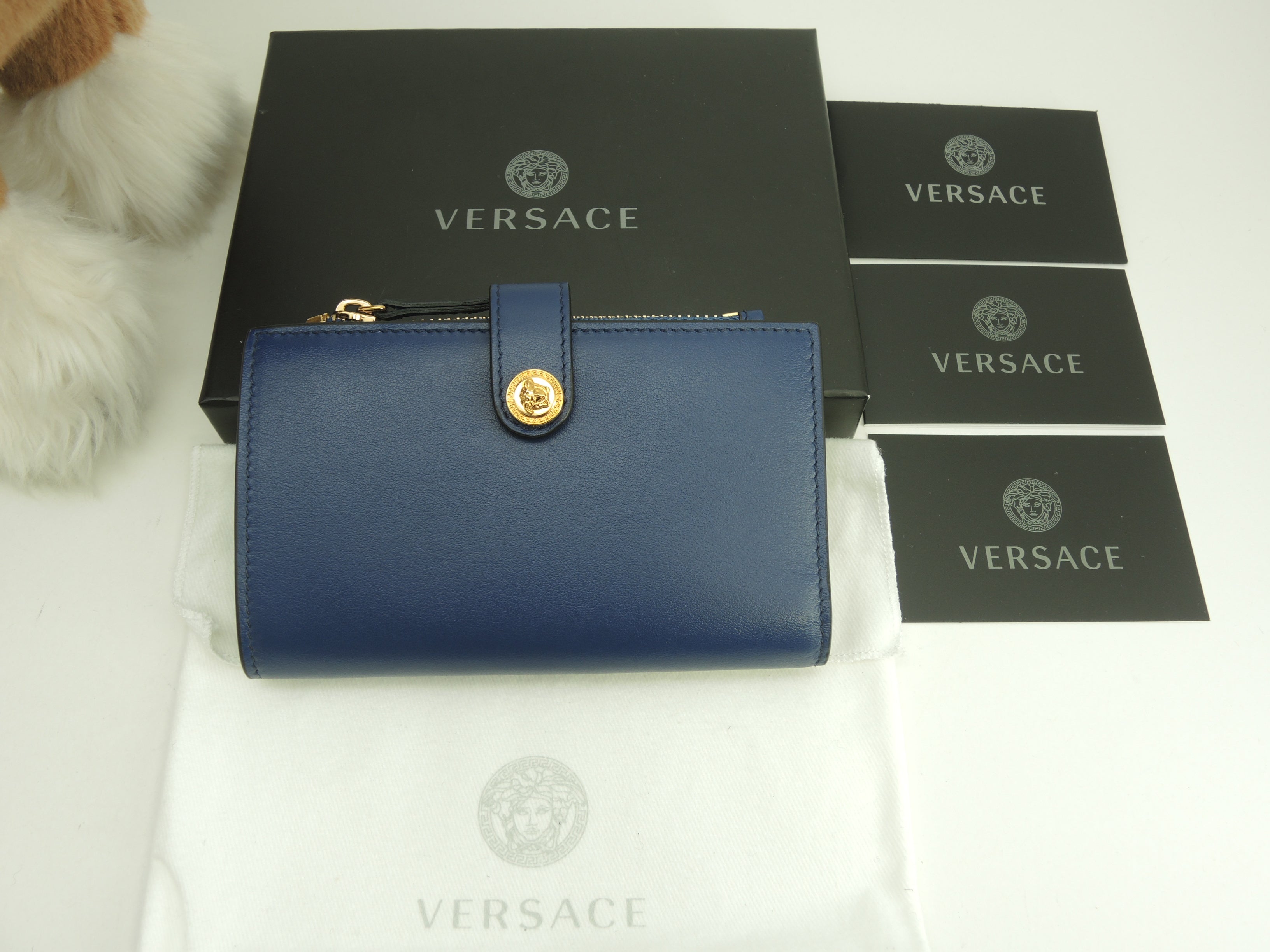 Versace Portafoglio compatto Medusa in pelle blu Nuovo con scatola @ 3