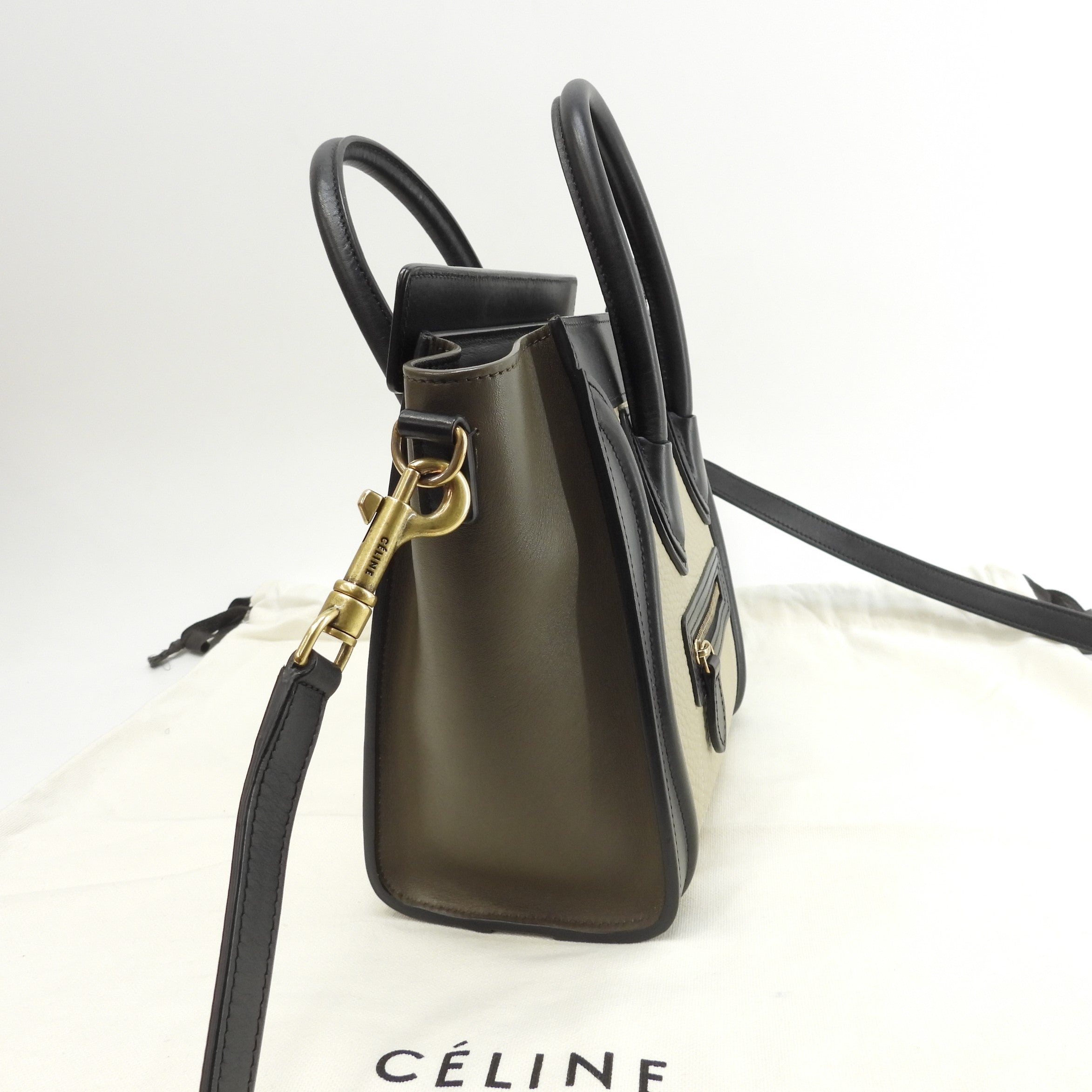 Celine Luggage Nano in pelle tortora, nero, kaki, pochette, mini borsa a mano, borsa a tracolla @ 342