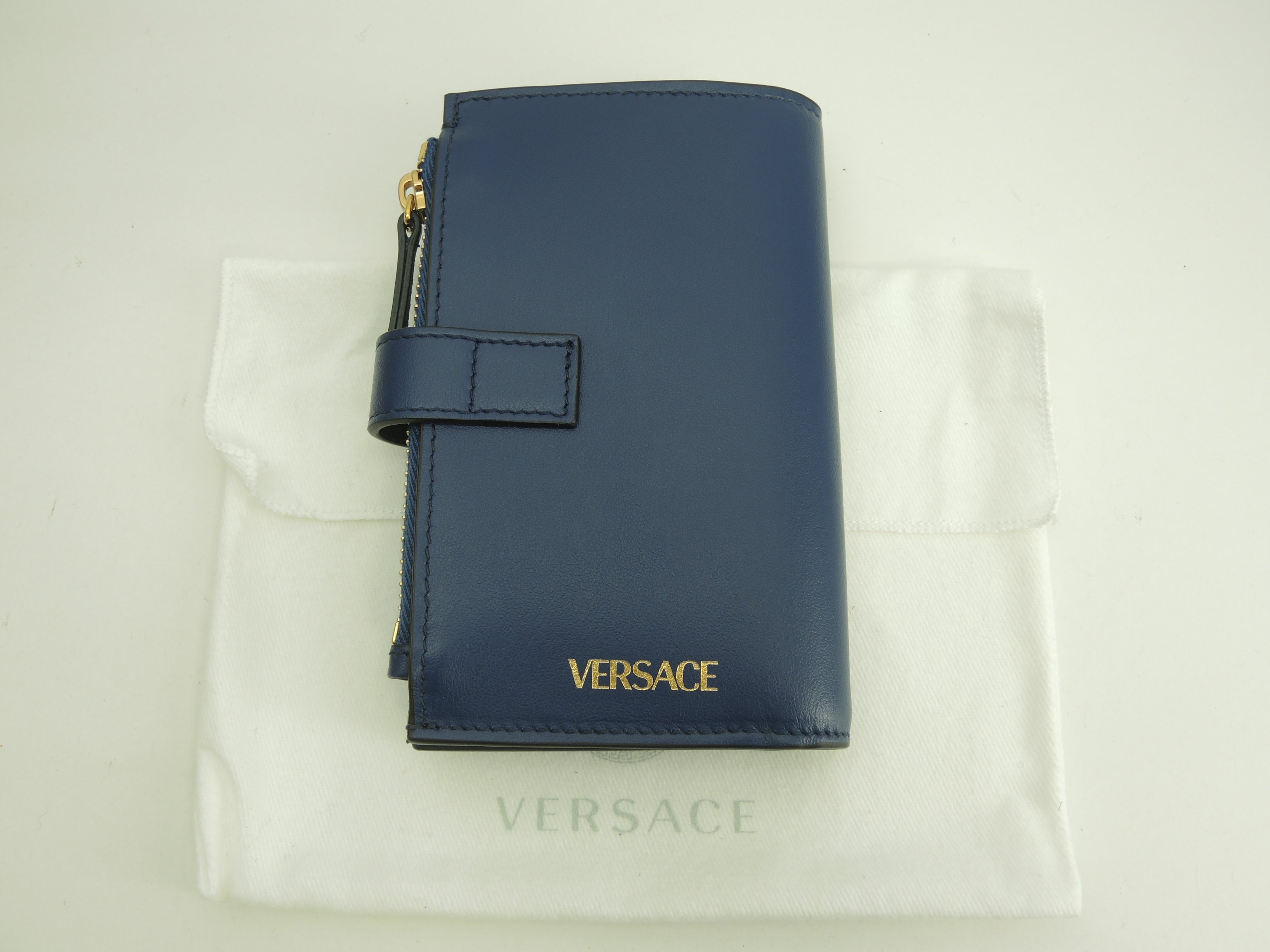 Versace Portafoglio compatto Medusa in pelle blu Nuovo con scatola @ 3