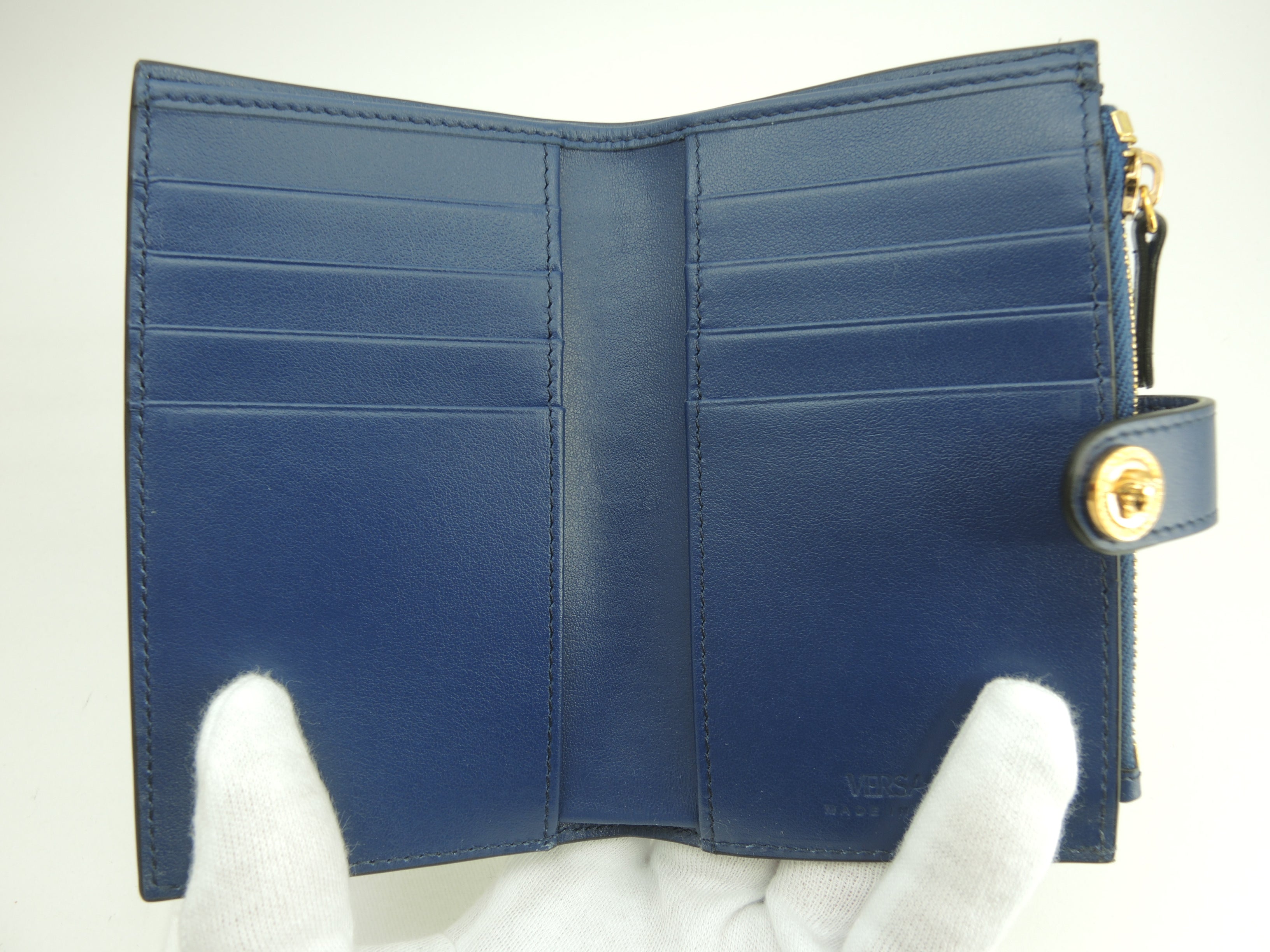 Versace Portafoglio compatto Medusa in pelle blu Nuovo con scatola @ 3