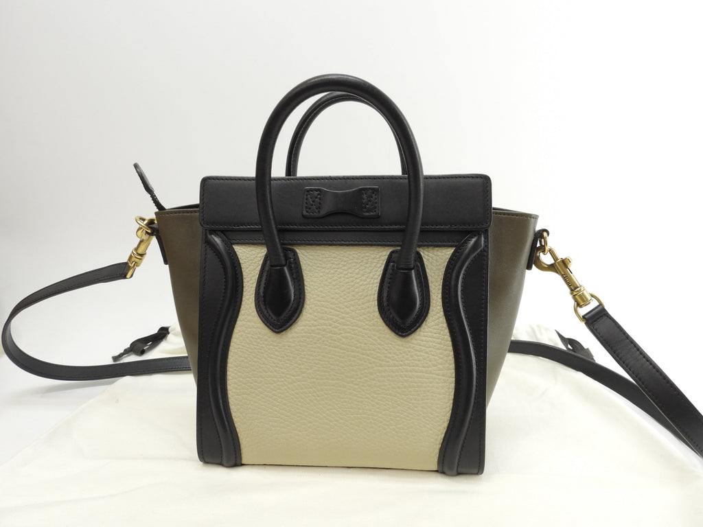 Celine Luggage Nano in pelle tortora, nero, kaki, pochette, mini borsa a mano, borsa a tracolla @ 342