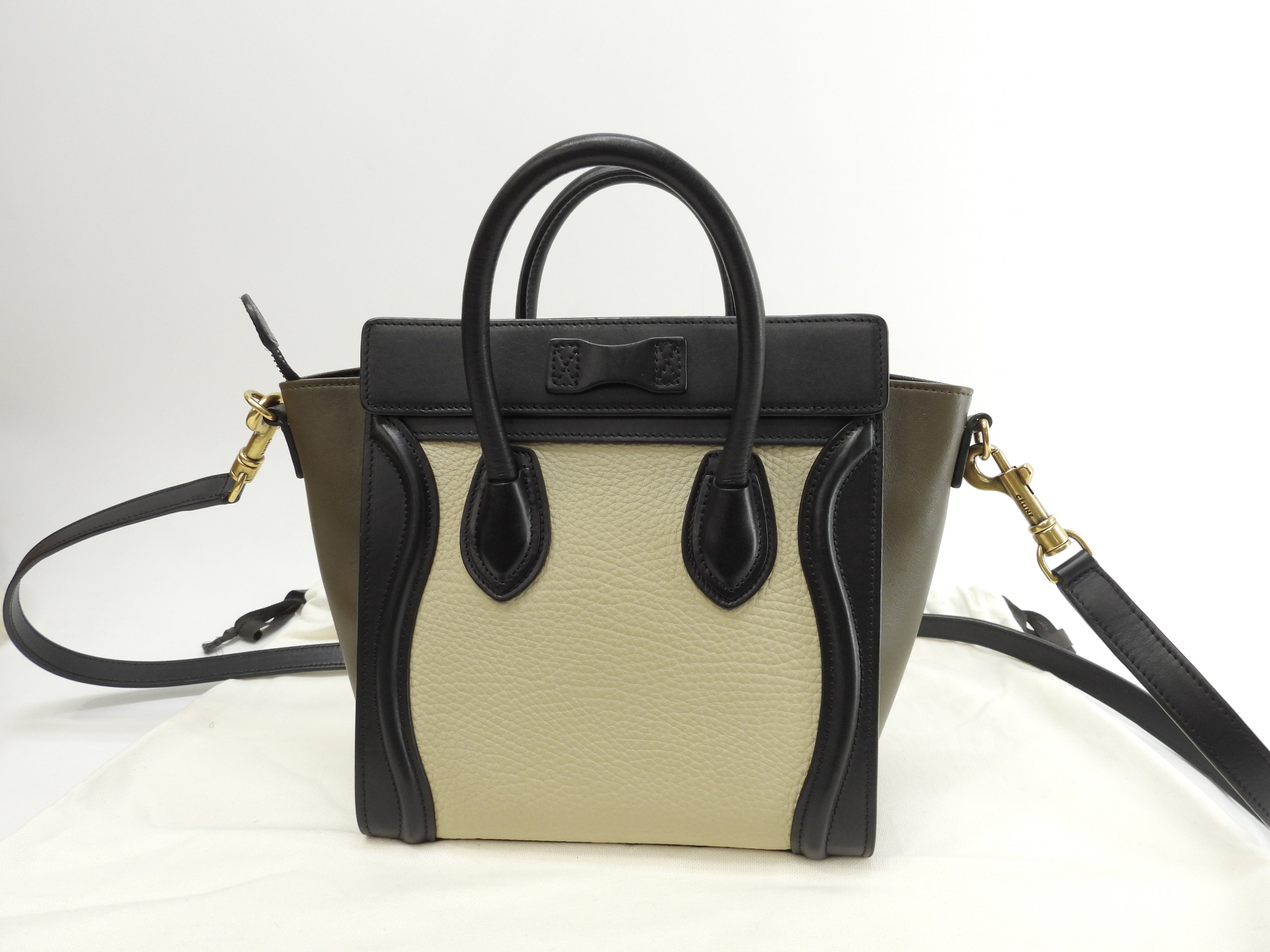 Celine Luggage Nano in pelle tortora, nero, kaki, pochette, mini borsa a mano, borsa a tracolla @ 342