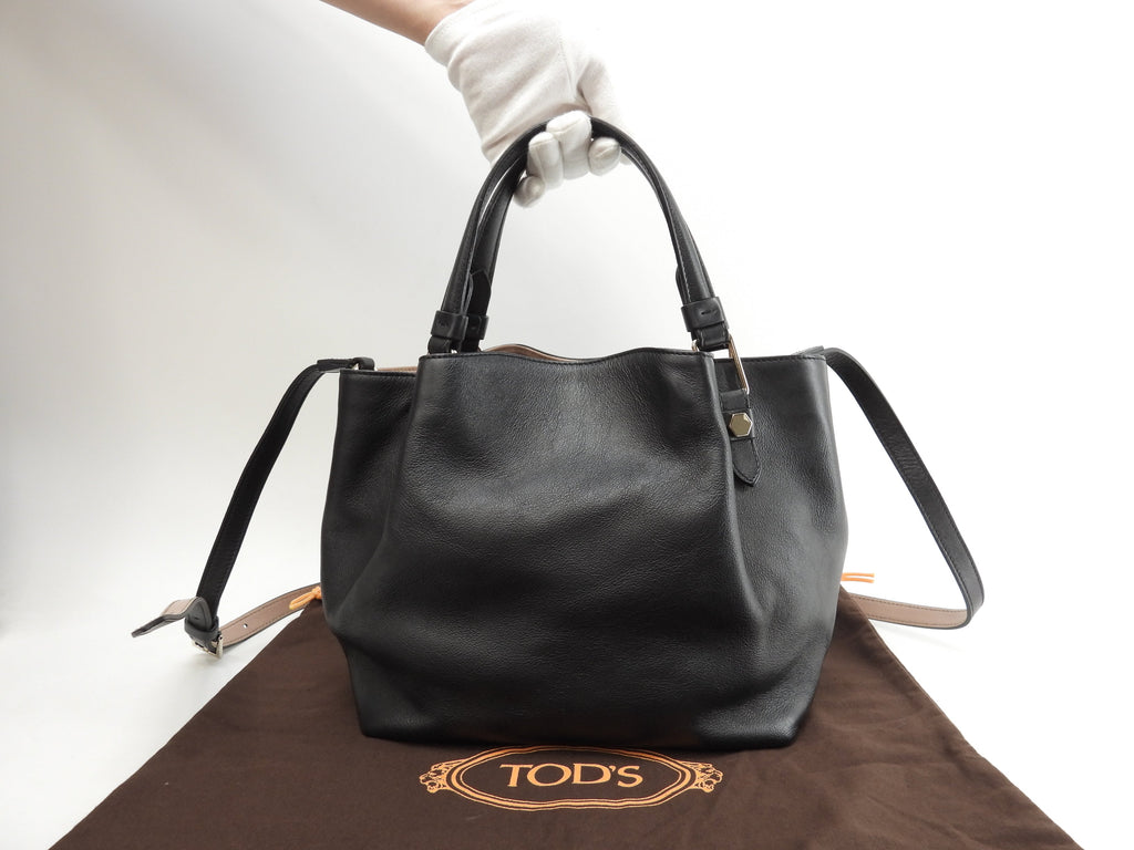 Tod's Mini Tote Bag in pelle nera, con tracolla, borsa a mano in ottime condizioni@4B33