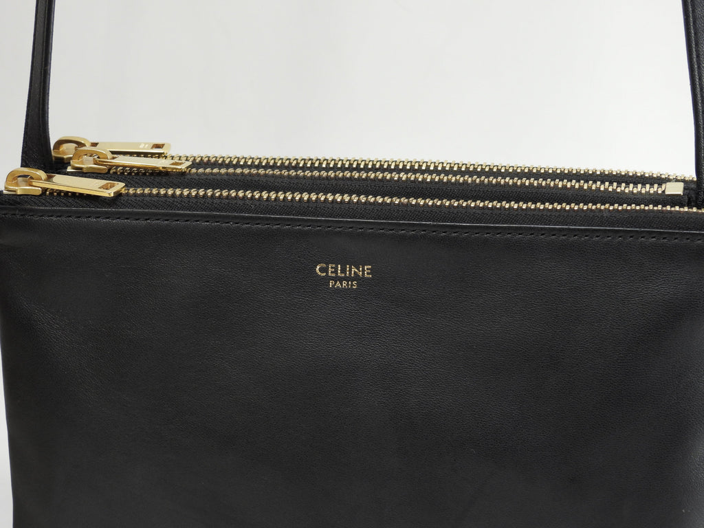 Celine Trio Small in pelle nera con hardware dorato, pochette a tracolla @U-AT-0189
