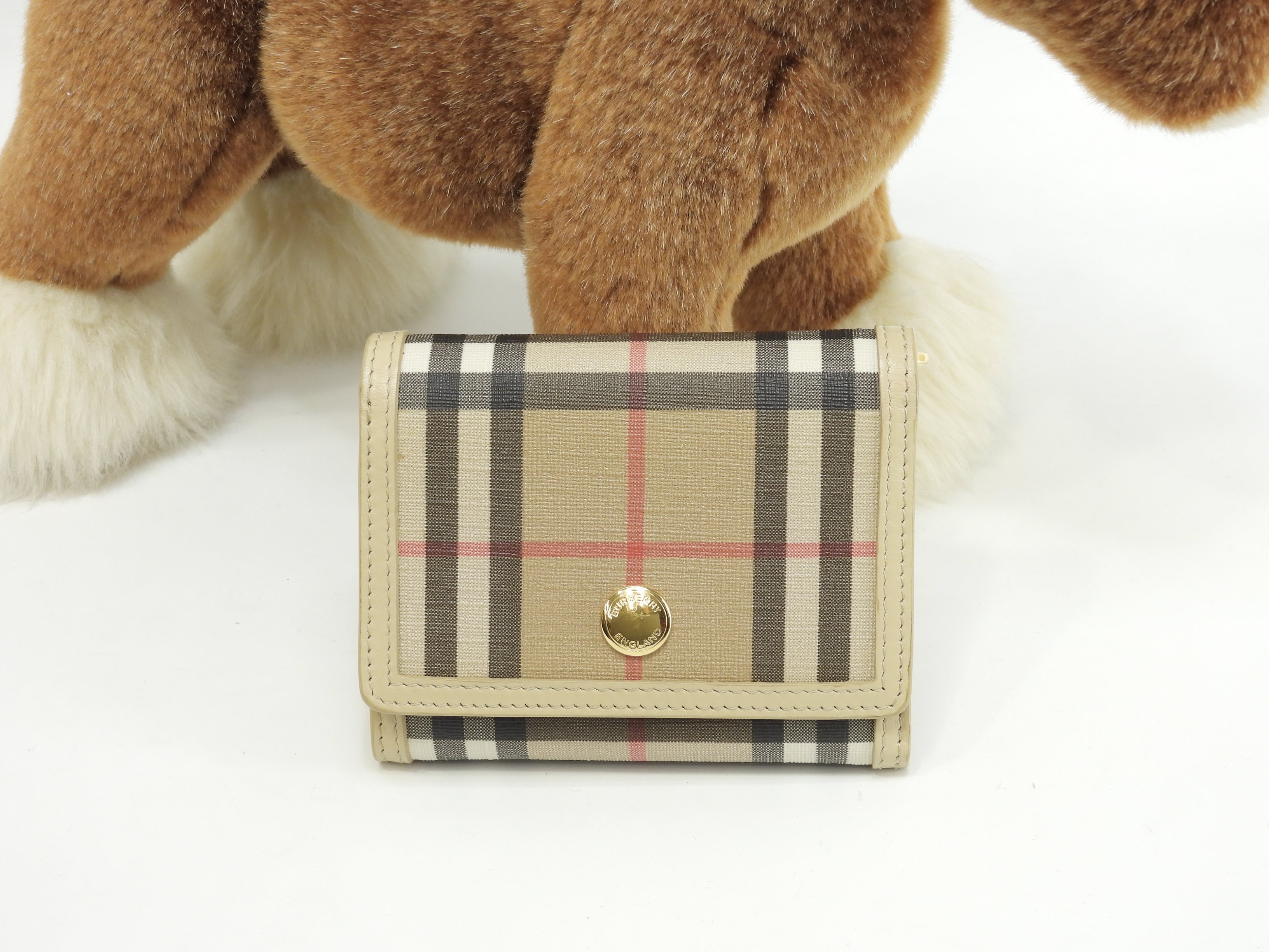 Burberry portafoglio compatto a tre ante in PVC/pelle con motivo check, portafoglio piccolo, come nuovo@POPELFI071SEB