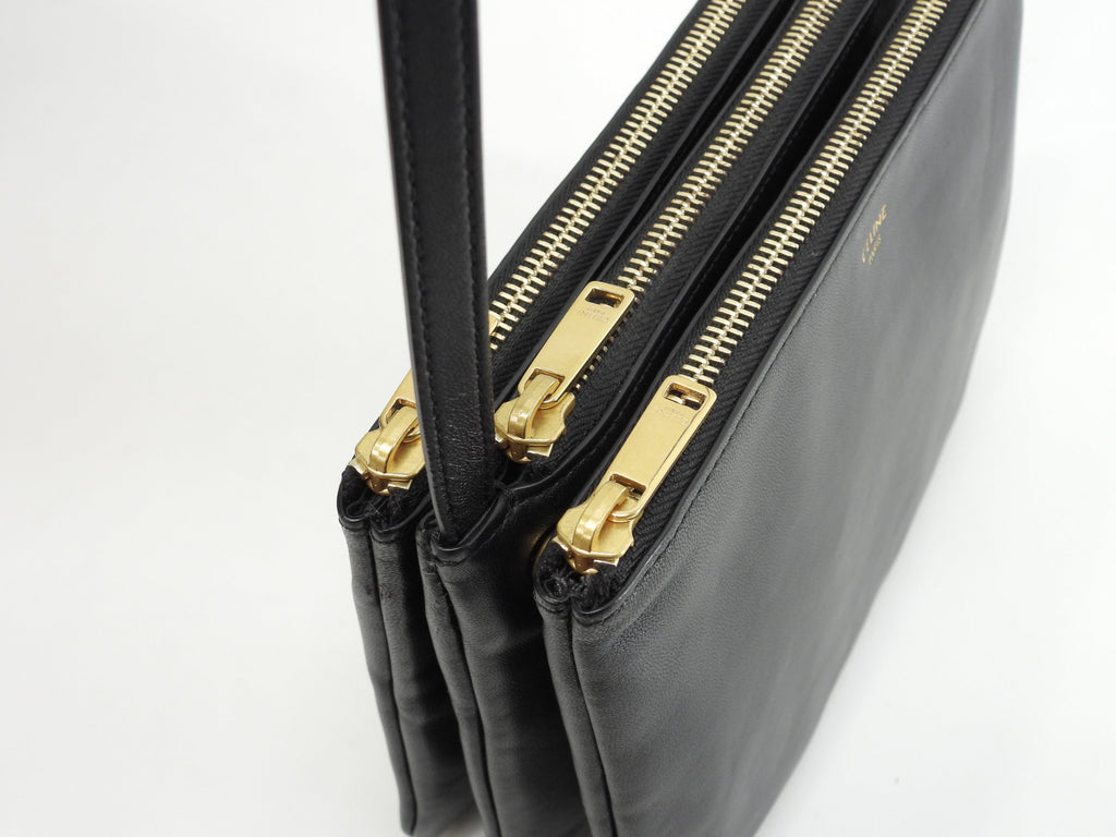 Celine Trio Small in pelle nera con hardware dorato, pochette a tracolla @U-AT-0189