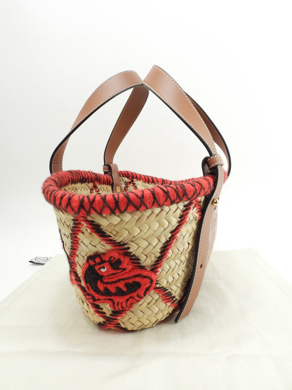Loewe borsa Basket piccola Animal naturale/Tan rossa a mano borsa di paglia mai usata@412018
