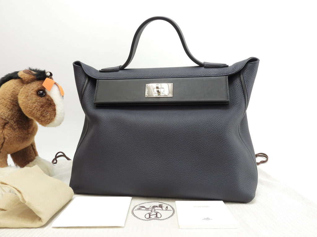 Hermès Sac à Dépêches 35 Togo Blu Notte Borsa a mano hardware argento condizioni eccellenti@C 2
